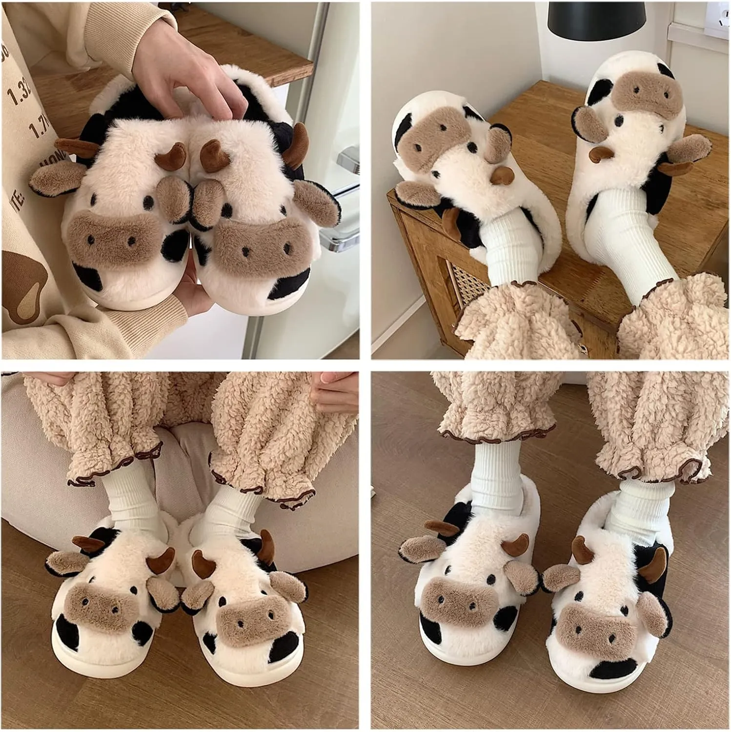 Fuzzy Cow Slippers for Women Men, Cute Cotton Animals House Shoes Fluffy Plush Slippers for Girls Indoor Living Room Bedroom