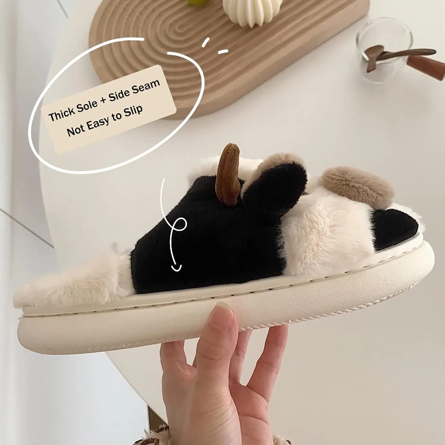 Fuzzy Cow Slippers for Women Men, Cute Cotton Animals House Shoes Fluffy Plush Slippers for Girls Indoor Living Room Bedroom