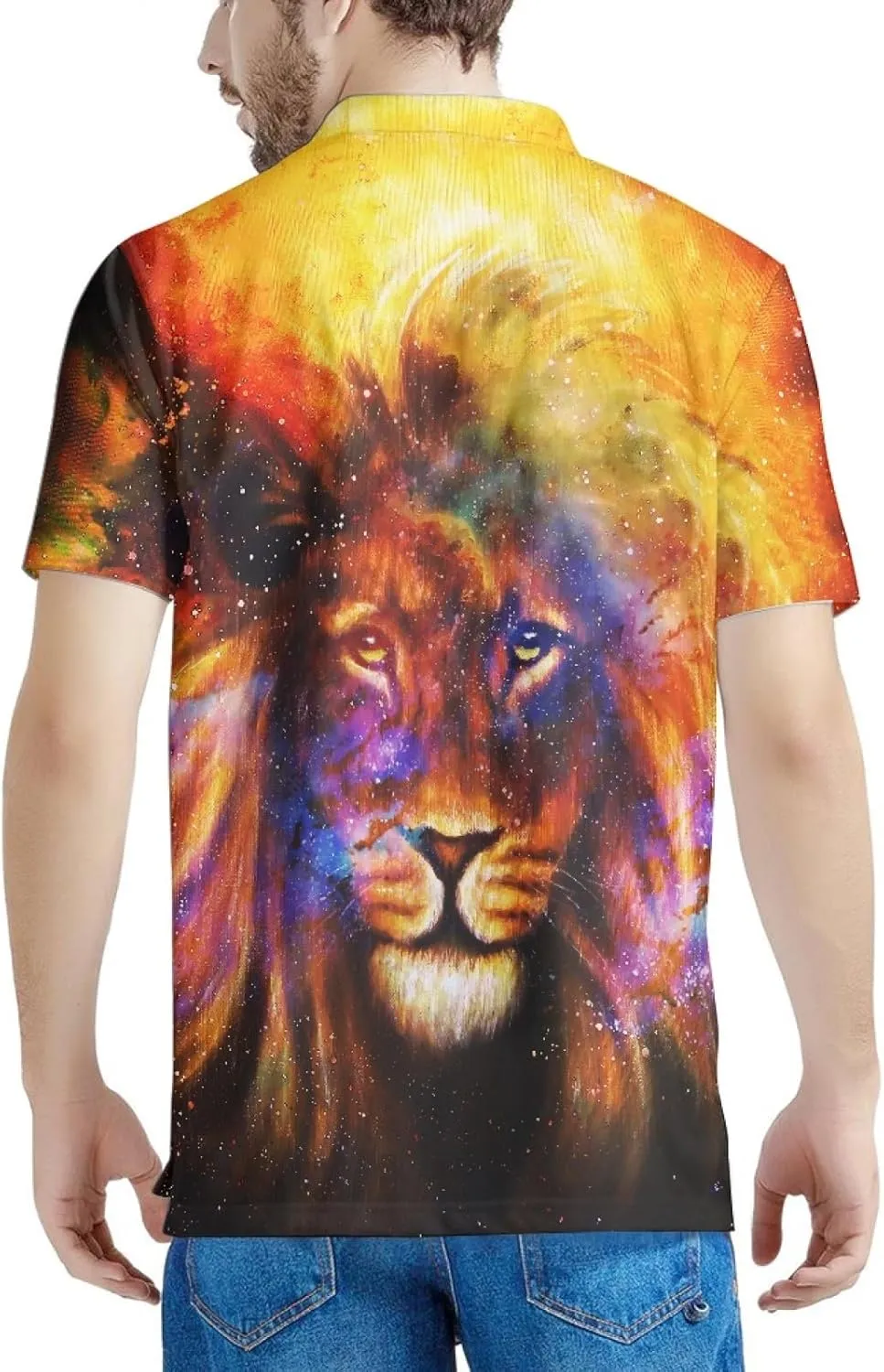 Galaxy Cosmic Space Lion Men's Classic Polo Shirt, 3-Button Closure Pique Polo Shirt, Summer Fashion Golf Shirt