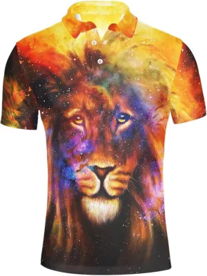 Galaxy Cosmic Space Lion Men's Classic Polo Shirt, 3-Button Closure Pique Polo Shirt, Summer Fashion Golf Shirt