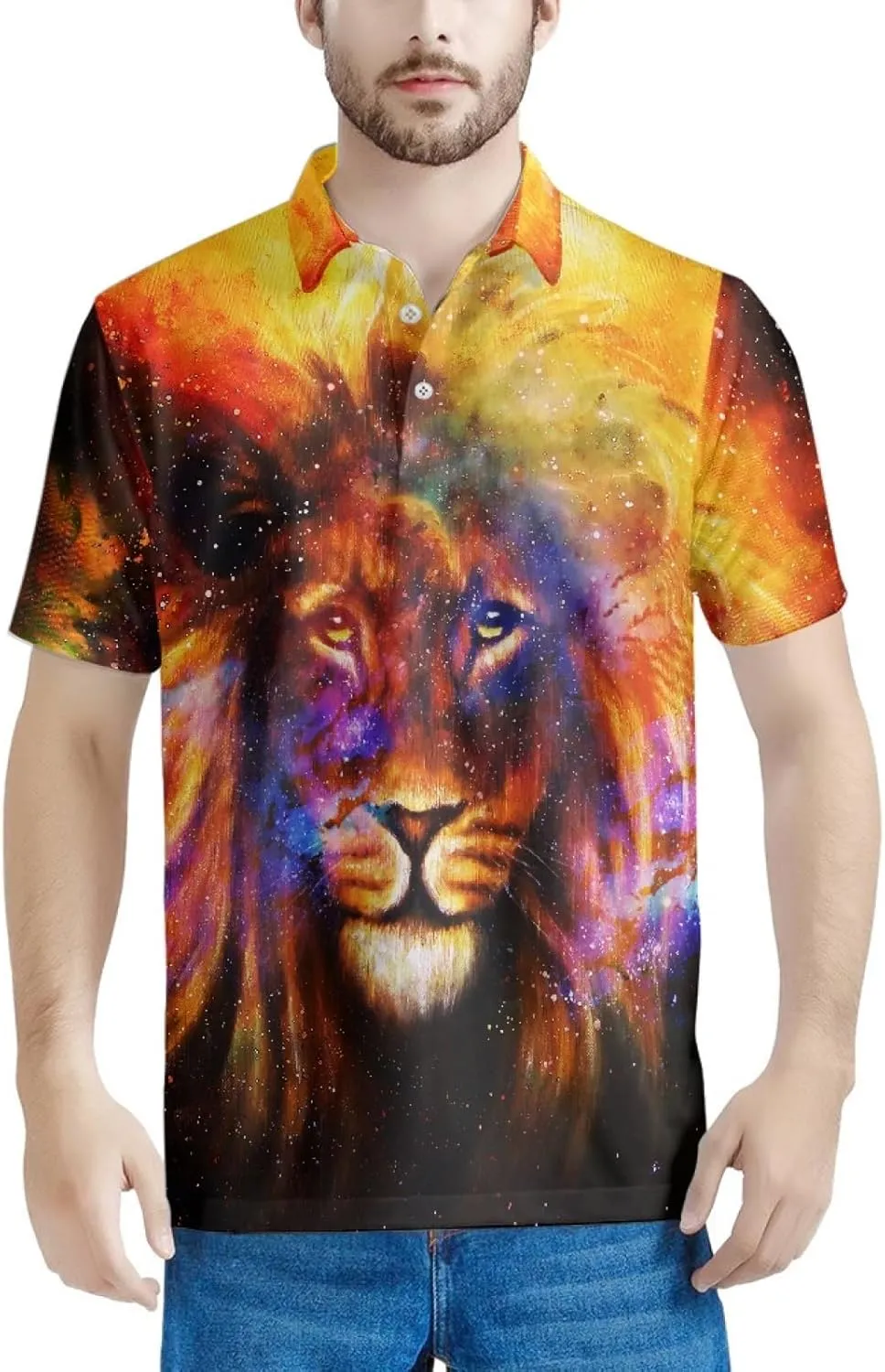Galaxy Cosmic Space Lion Men's Classic Polo Shirt, 3-Button Closure Pique Polo Shirt, Summer Fashion Golf Shirt