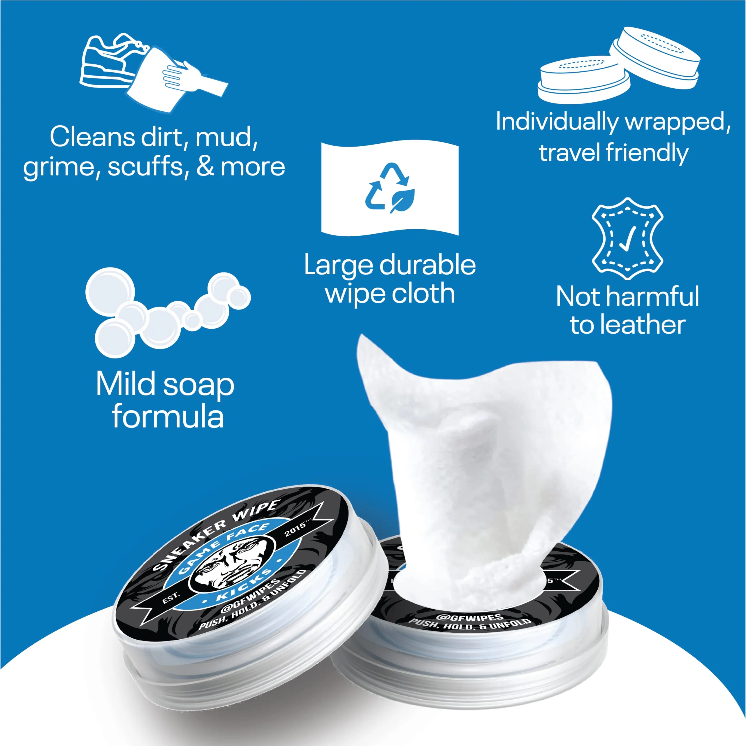 Game Face Wipes Sneaker Cleaner - On-The-Go Shoe Cleaning Wipes | Sneaker Eraser Shoes Anywhere | Use On Cleats, Golf Shoes, Basketball Shoes, Leather, Canvas, Mesh & More | 8 Count of Portable Wipes