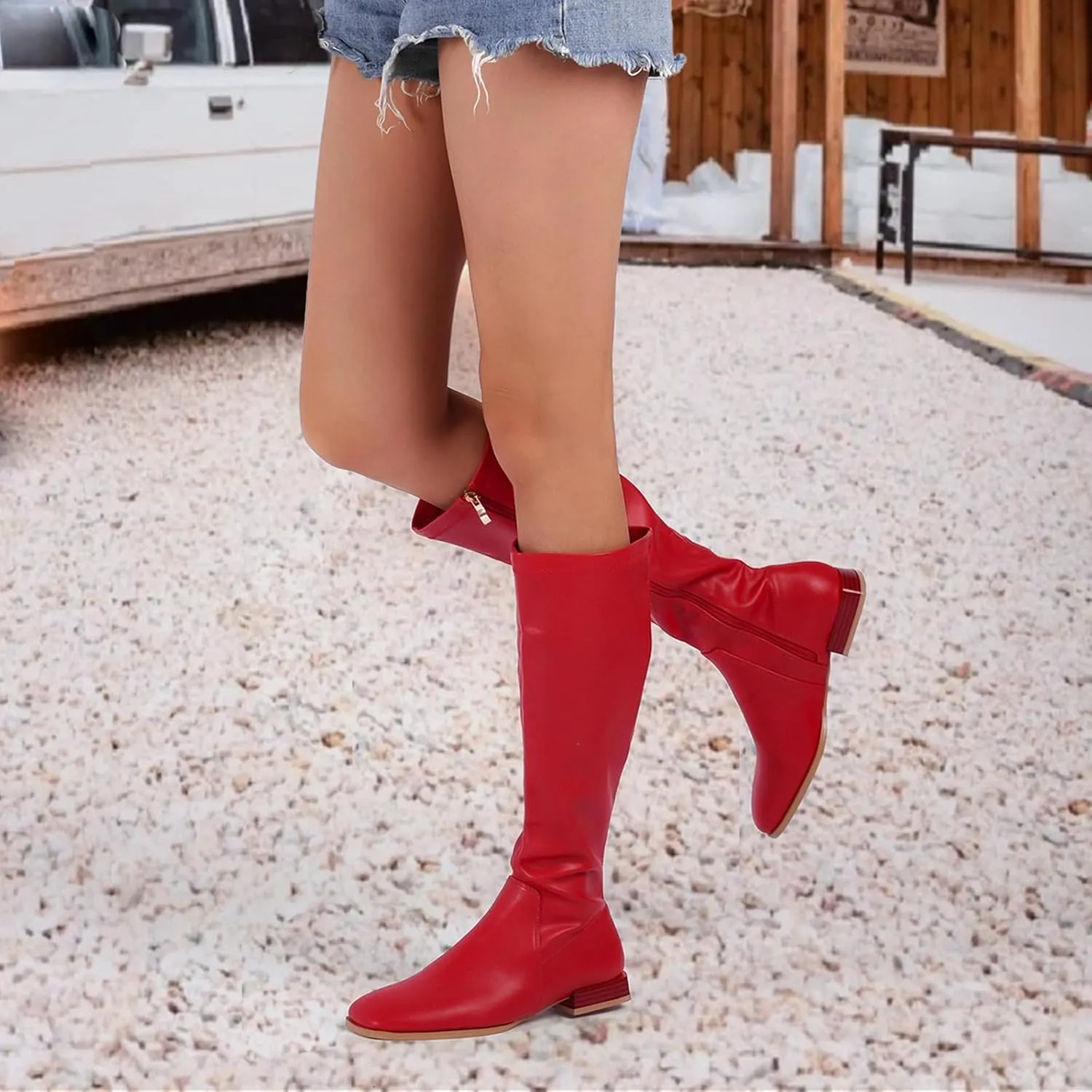 GENSHUO Knee High Boots for Women Comfy Flat Heel Vintage Square Toe Fall Winter Solid Side Zipper Costume Knight Booties