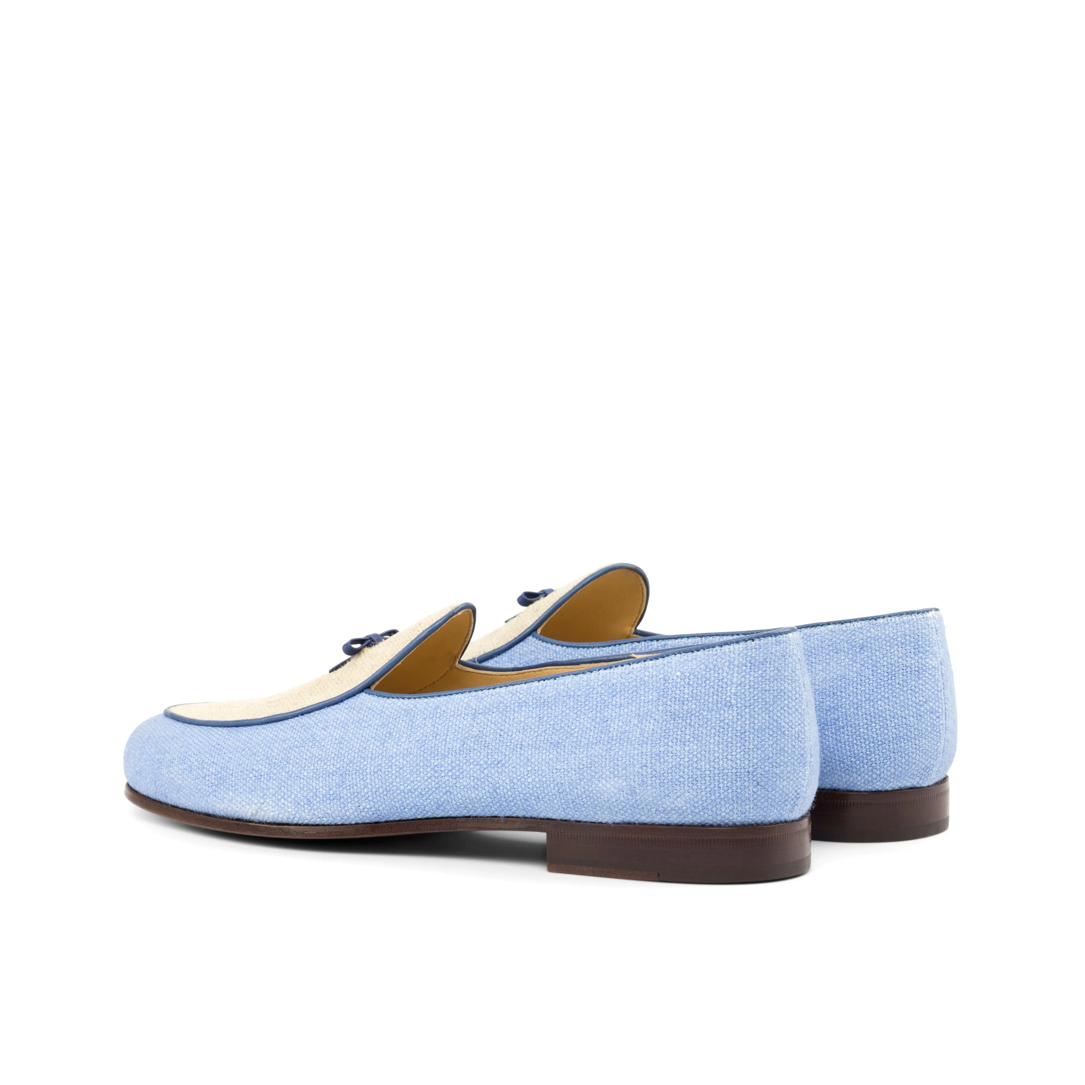 Gentlemen Barcelona Slip On - Blue & Ice Linen with Trim & Bow in Hand Painted Navy Blue Calf Leather
