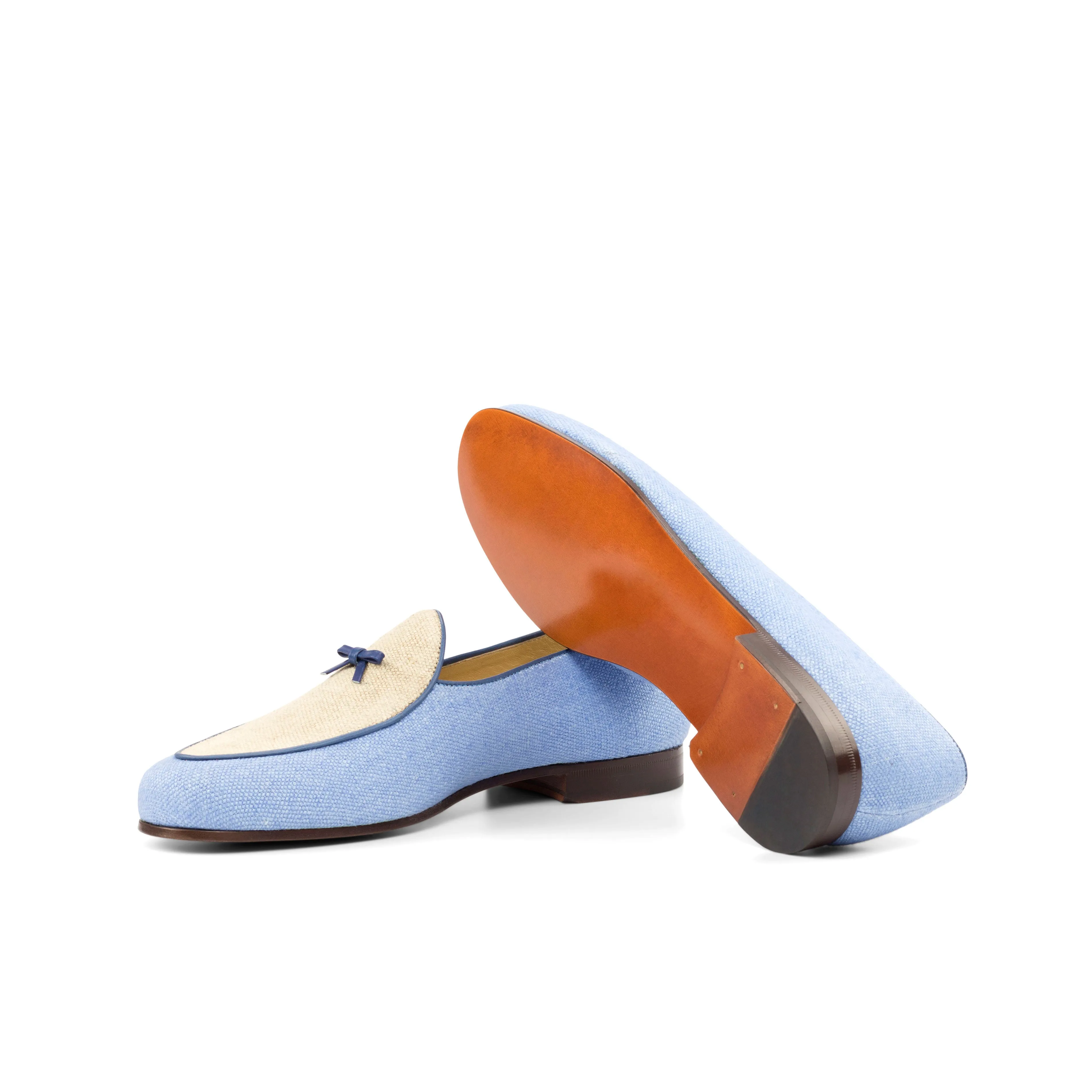 Gentlemen Barcelona Slip On - Blue & Ice Linen with Trim & Bow in Hand Painted Navy Blue Calf Leather
