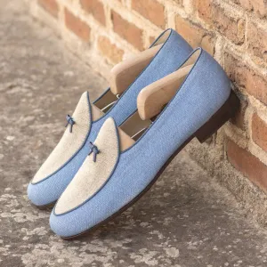 Gentlemen Barcelona Slip On - Blue & Ice Linen with Trim & Bow in Hand Painted Navy Blue Calf Leather