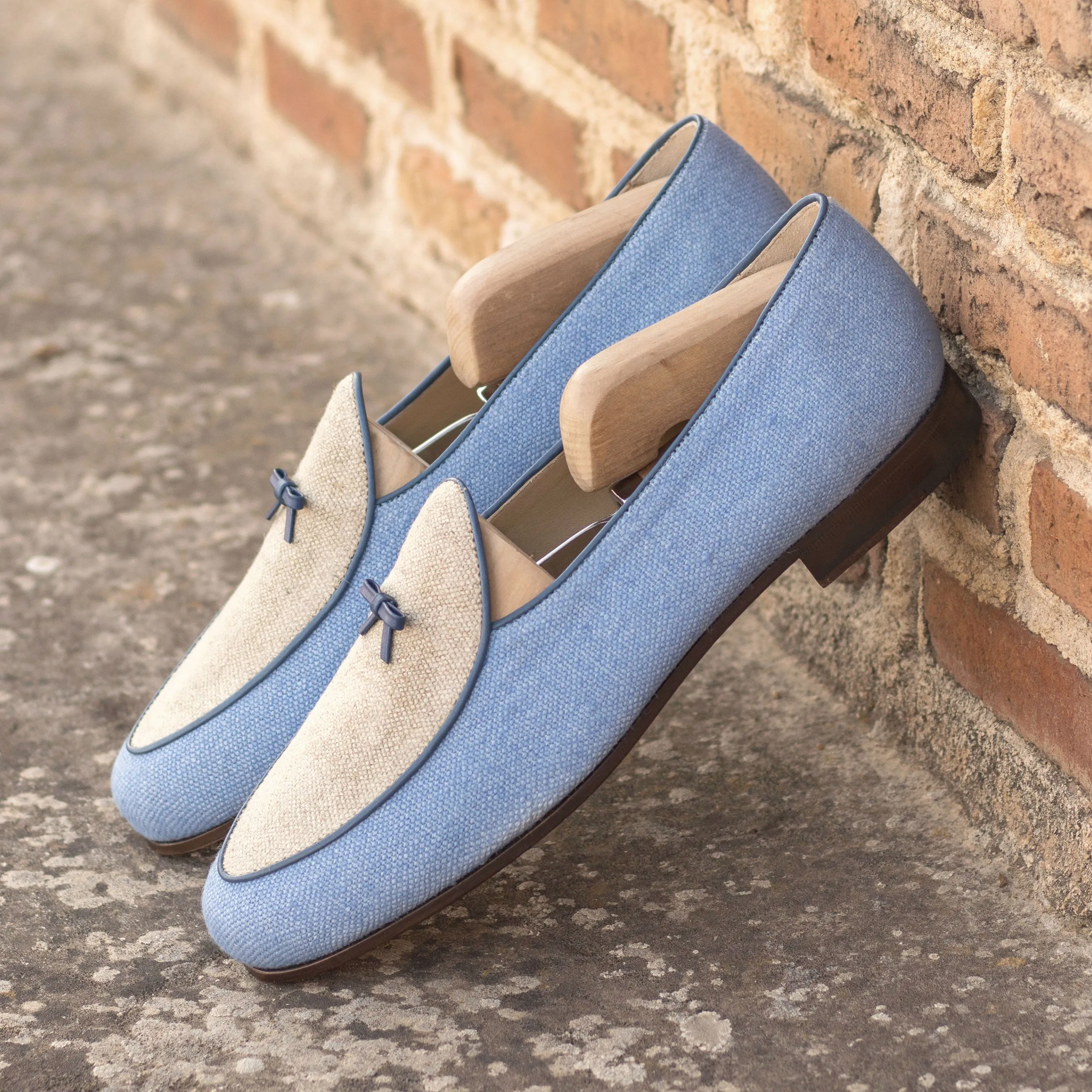 Gentlemen Barcelona Slip On - Blue & Ice Linen with Trim & Bow in Hand Painted Navy Blue Calf Leather