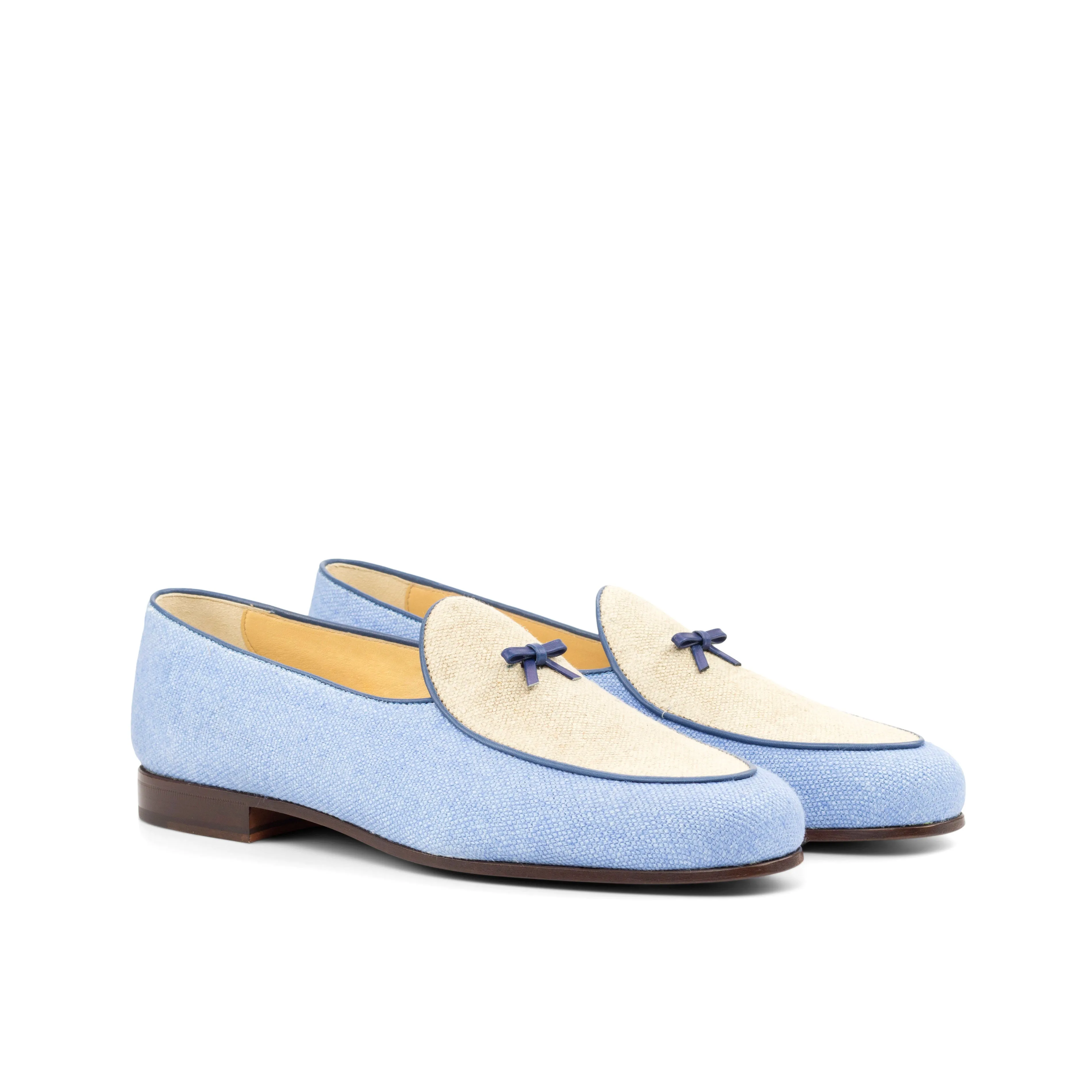Gentlemen Barcelona Slip On - Blue & Ice Linen with Trim & Bow in Hand Painted Navy Blue Calf Leather