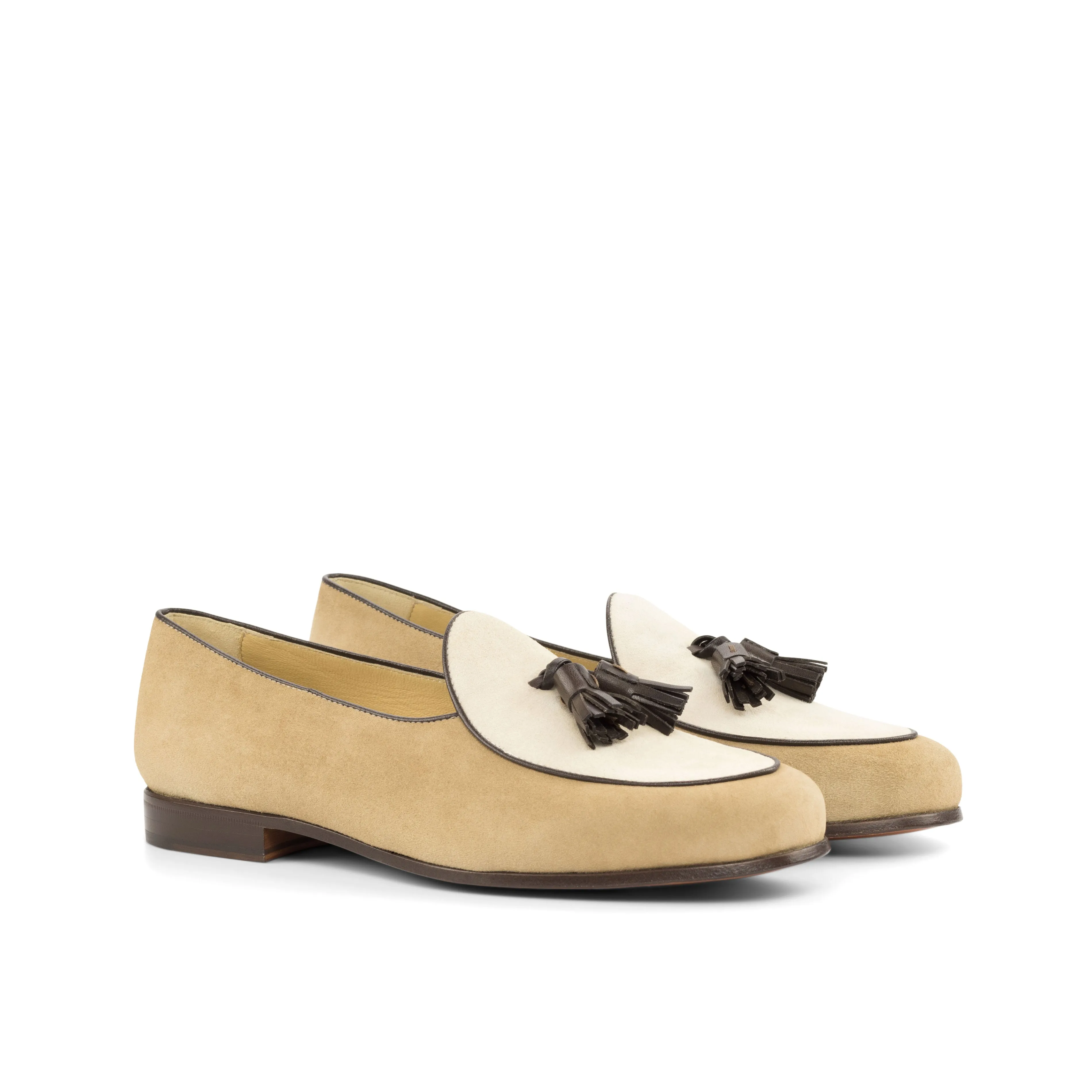 Gentlemen Barcelona Slip On - Camel & Ivory Kid Suede Calf Leather combined with Hand Painted Dark Brown Calf Leather