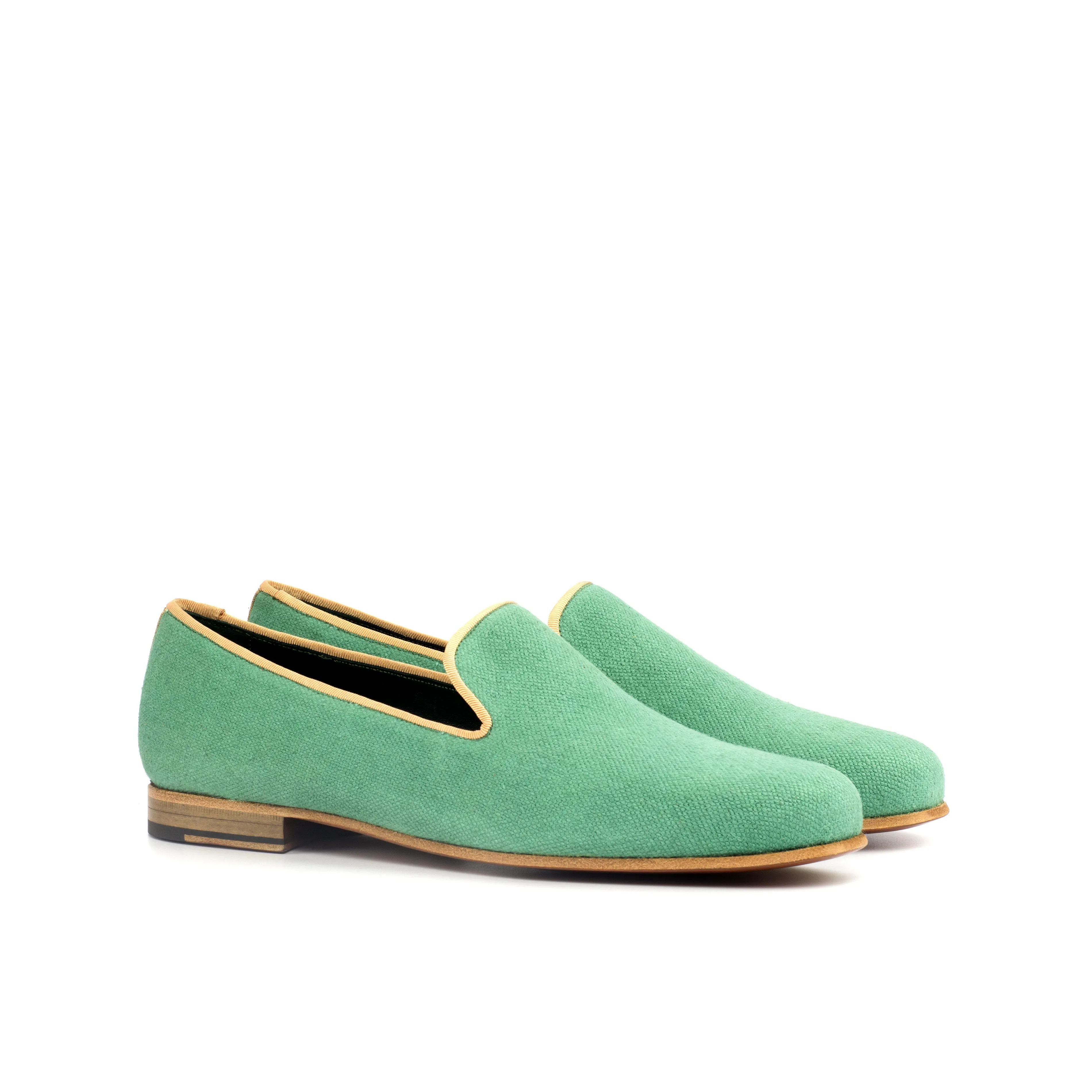 Gentlemen Cortes Slip On - Green Linen Fabric with Trim in Mustard Colour Grossgrain