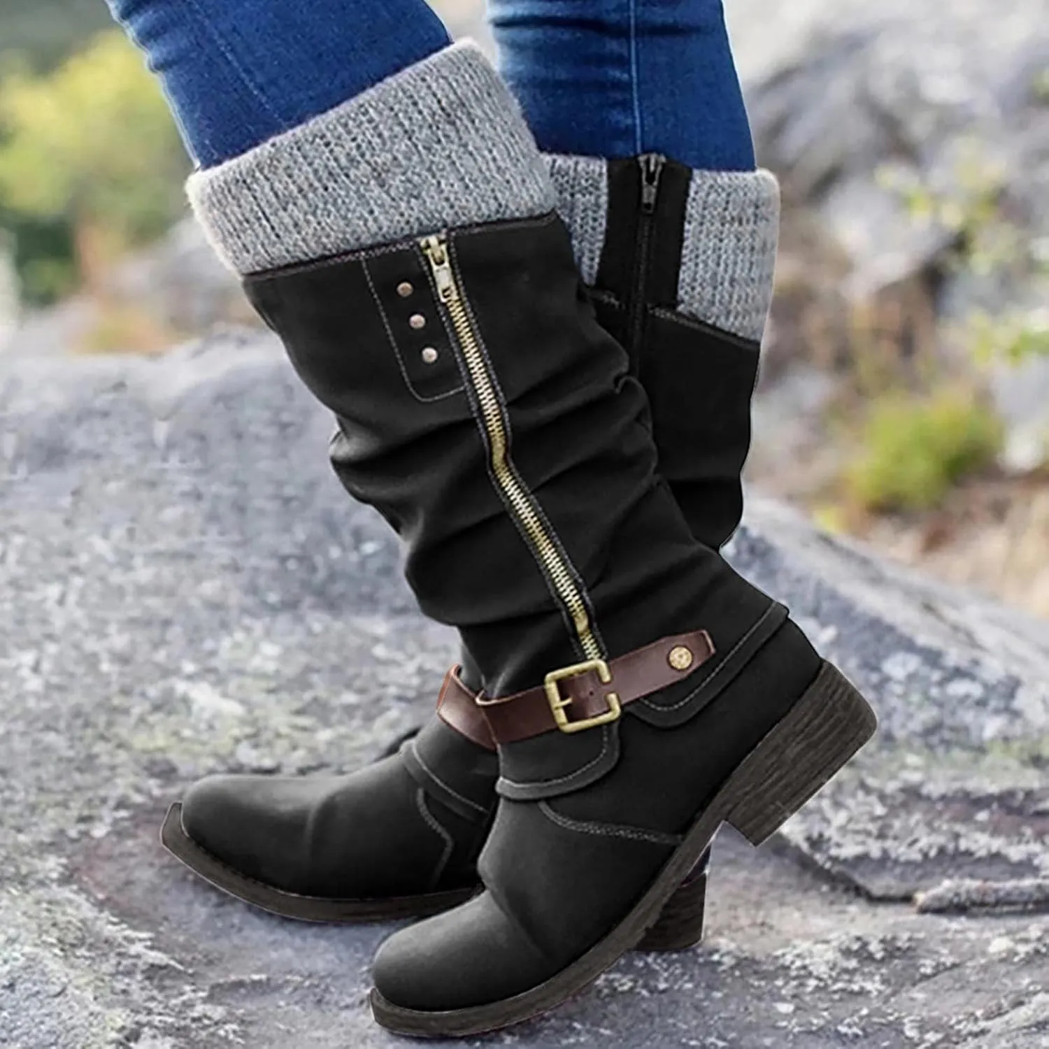 Gibobby Boots for Women Wide Calf,Retro Boots Comfy Flat Bottom Increased Combat Booties Outdoor Fringe Western Shoes