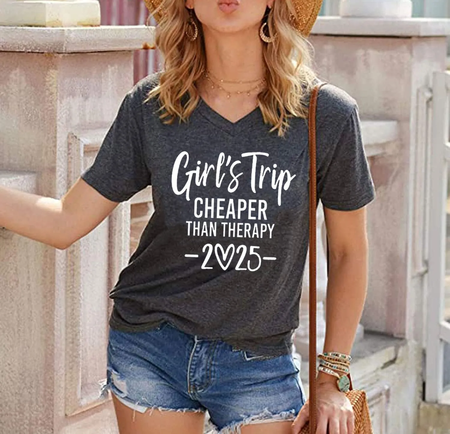 Girls Trip Cheaper Than Therapy Tshirt Women Funny Letter Print Short Sleeve V Neck T Shirt Summer Vacation Tees