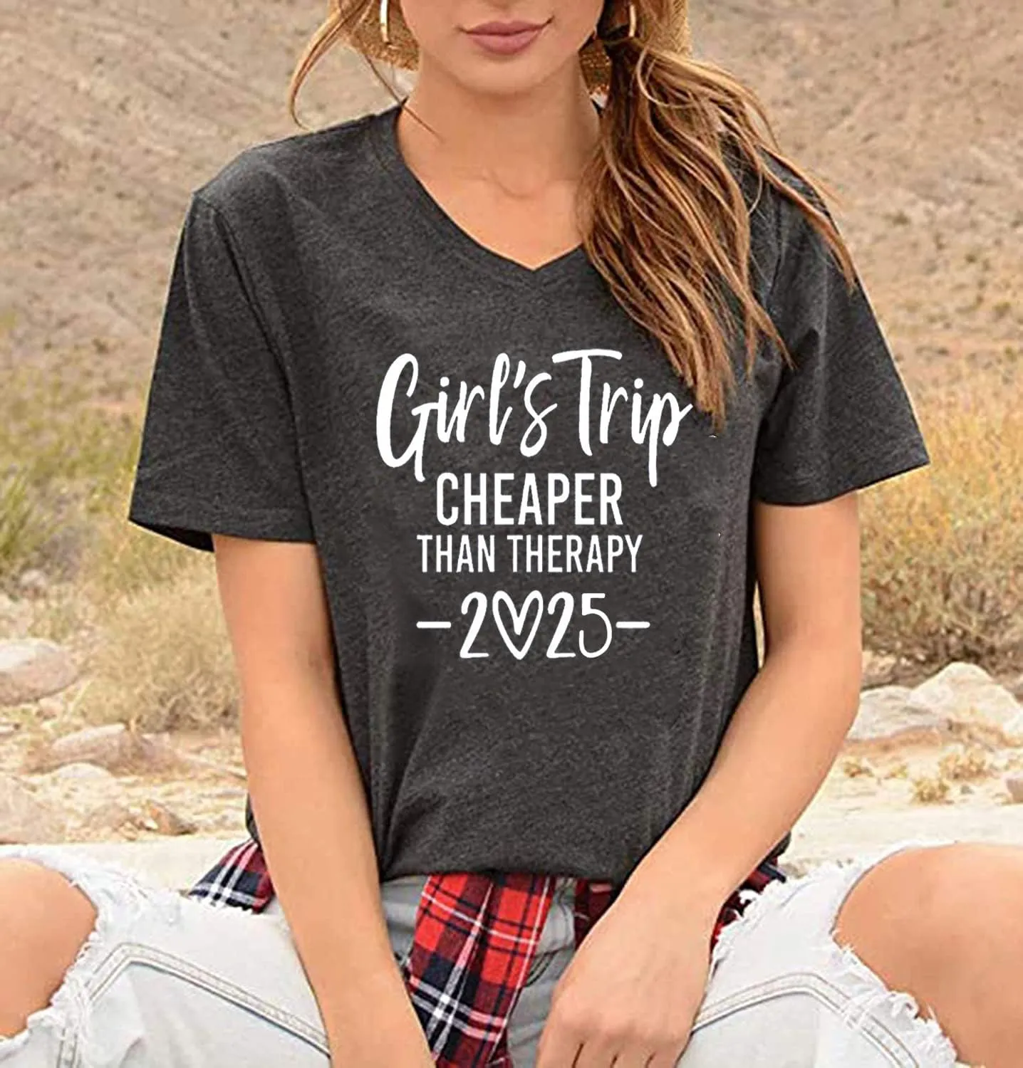 Girls Trip Cheaper Than Therapy Tshirt Women Funny Letter Print Short Sleeve V Neck T Shirt Summer Vacation Tees