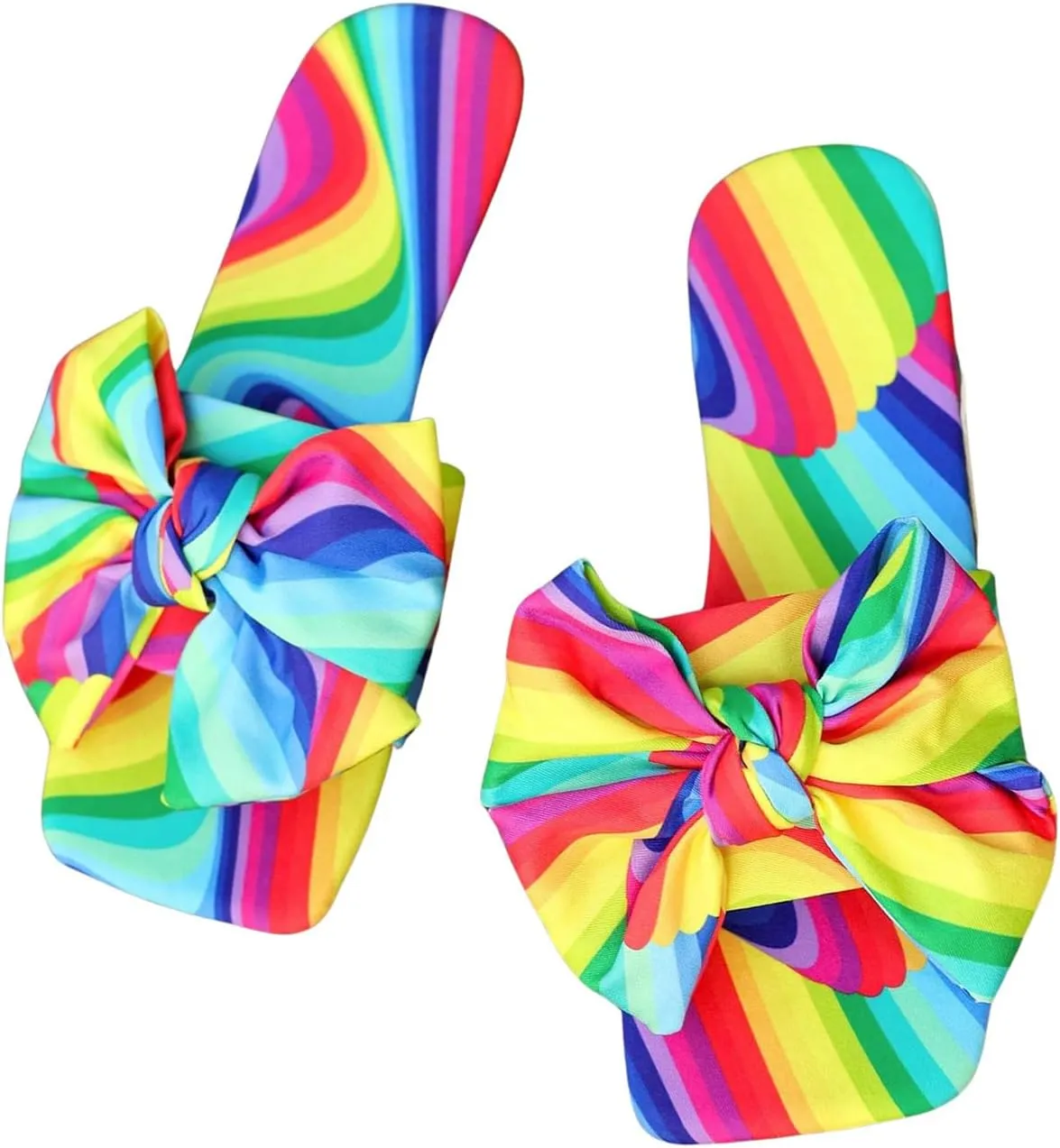 GORGLITTER Women's Bow Cute Trendy Sandals 2025 Graphic Print Dressy Open Square Toe Summer Slide Flat Sandals