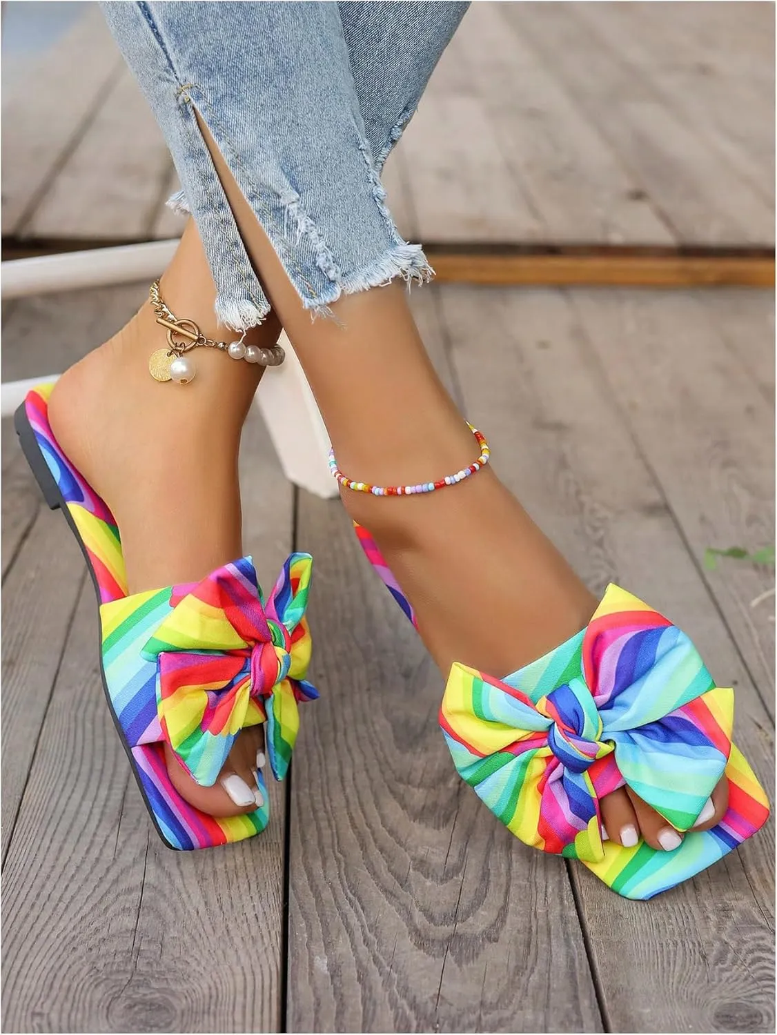 GORGLITTER Women's Bow Cute Trendy Sandals 2025 Graphic Print Dressy Open Square Toe Summer Slide Flat Sandals