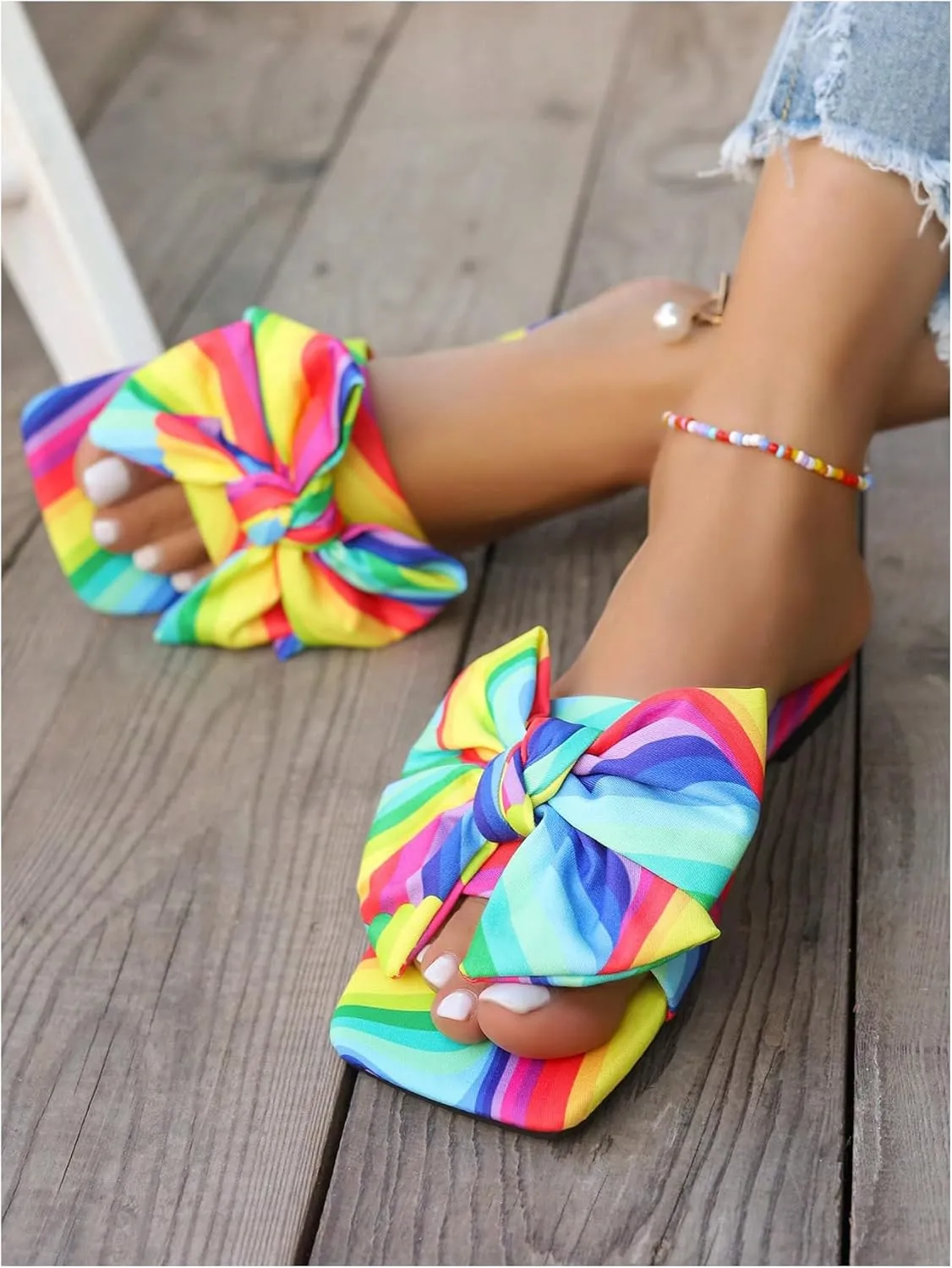 GORGLITTER Women's Bow Cute Trendy Sandals 2025 Graphic Print Dressy Open Square Toe Summer Slide Flat Sandals
