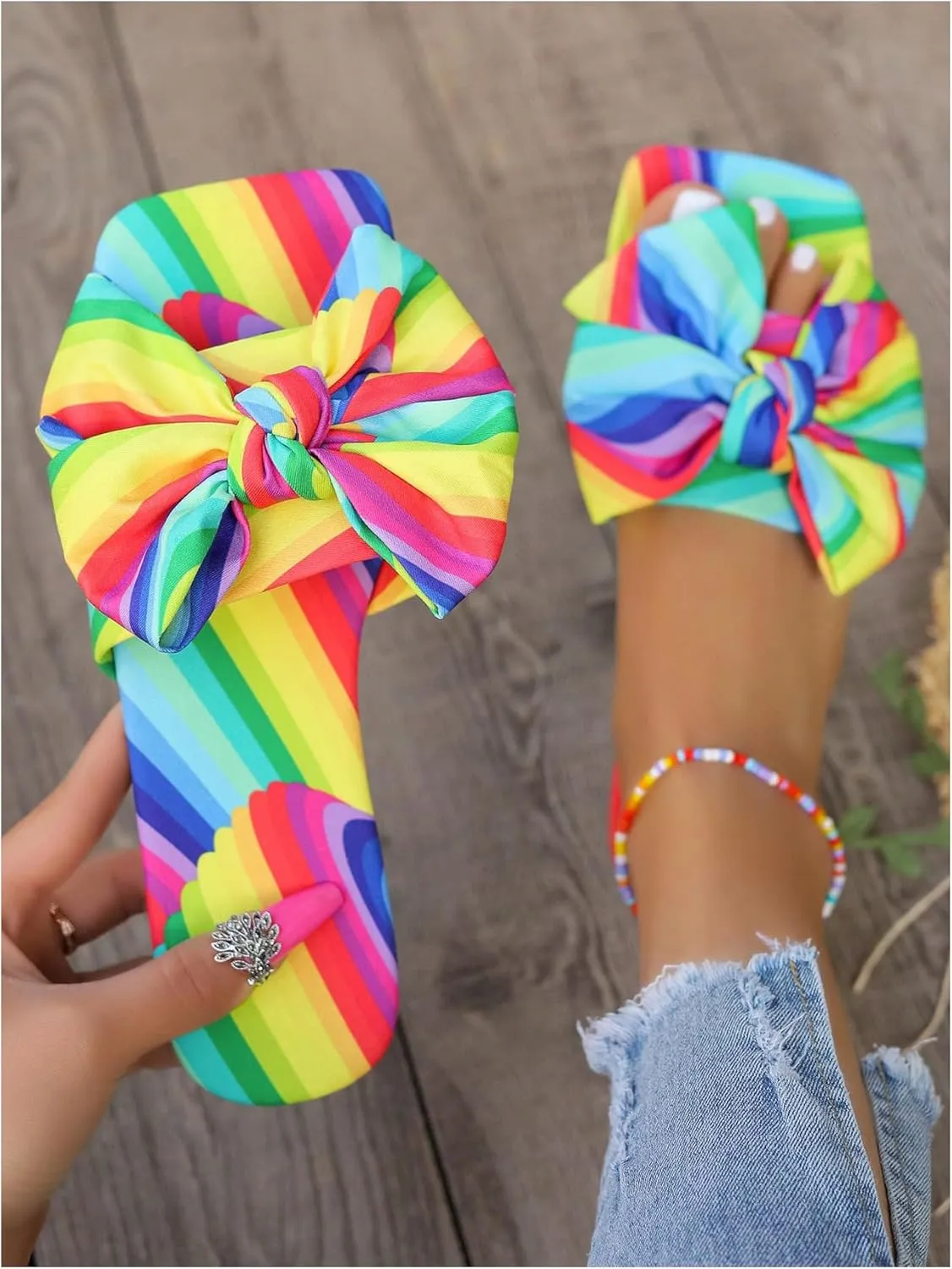 GORGLITTER Women's Bow Cute Trendy Sandals 2025 Graphic Print Dressy Open Square Toe Summer Slide Flat Sandals