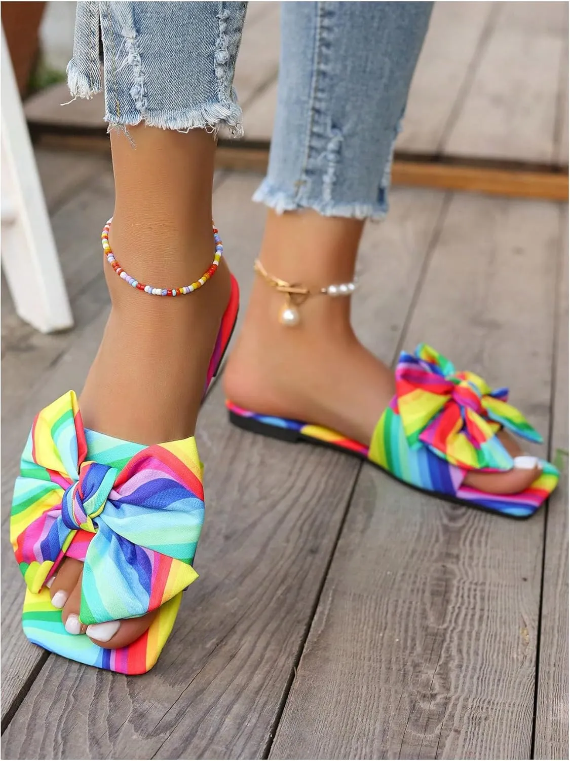GORGLITTER Women's Bow Cute Trendy Sandals 2025 Graphic Print Dressy Open Square Toe Summer Slide Flat Sandals