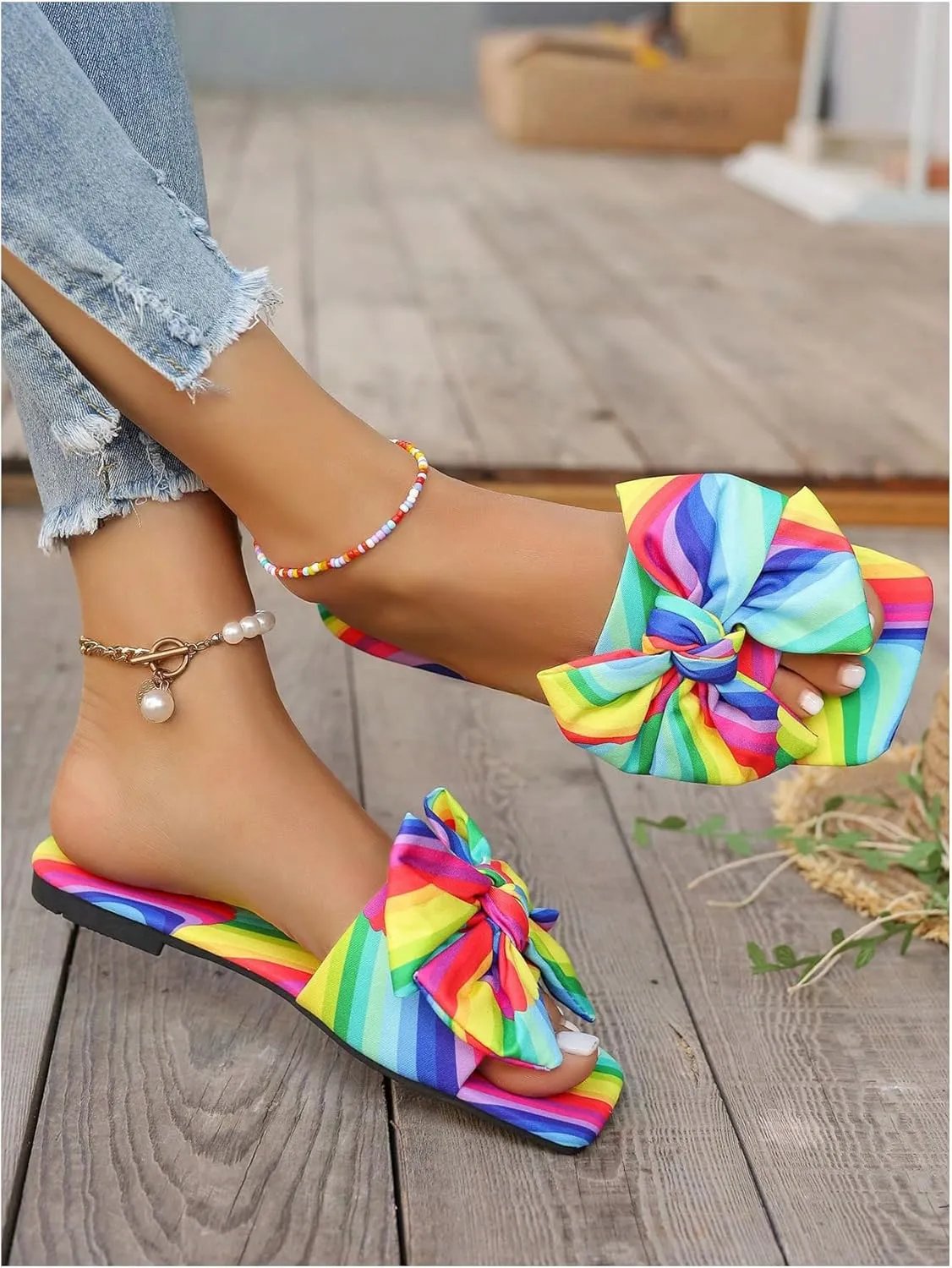 GORGLITTER Women's Bow Cute Trendy Sandals 2025 Graphic Print Dressy Open Square Toe Summer Slide Flat Sandals