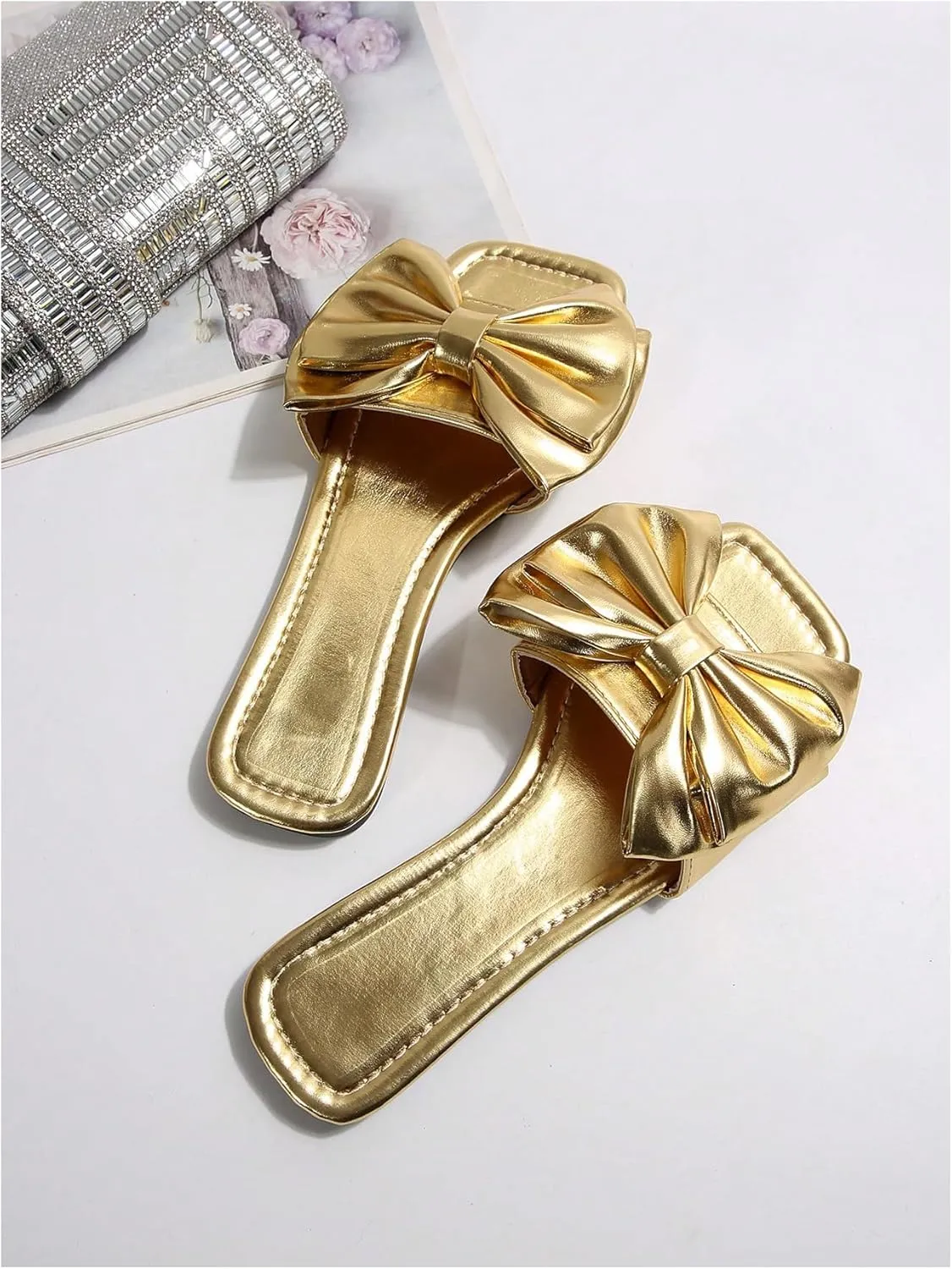 GORGLITTER Women's Bow Sandals Square Open Toe Slip on Dressy Summer Sandals