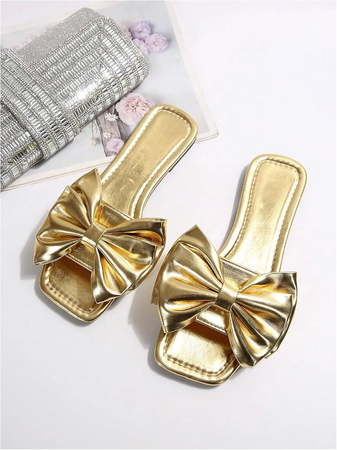GORGLITTER Women's Bow Sandals Square Open Toe Slip on Dressy Summer Sandals