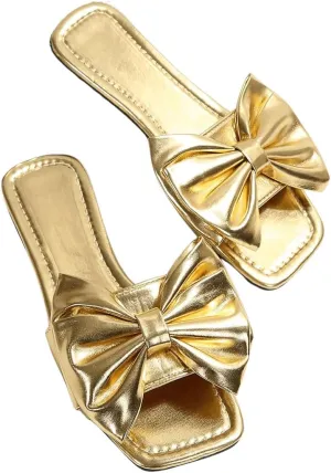 GORGLITTER Women's Bow Sandals Square Open Toe Slip on Dressy Summer Sandals