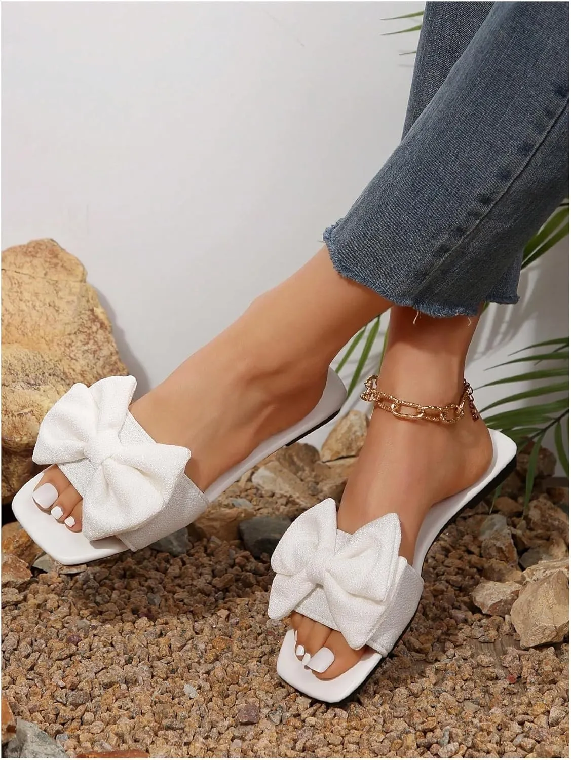 GORGLITTER Women's Bow Sandals Square Open Toe Slip on Dressy Summer Sandals