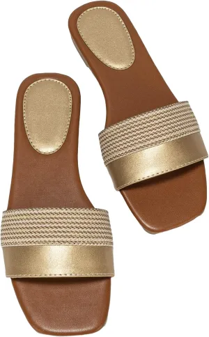 GORGLITTER Women's Gold Flat Dressy Sandals Comfortable Open Toe Slide 2025 Wedding Vacation Sandals