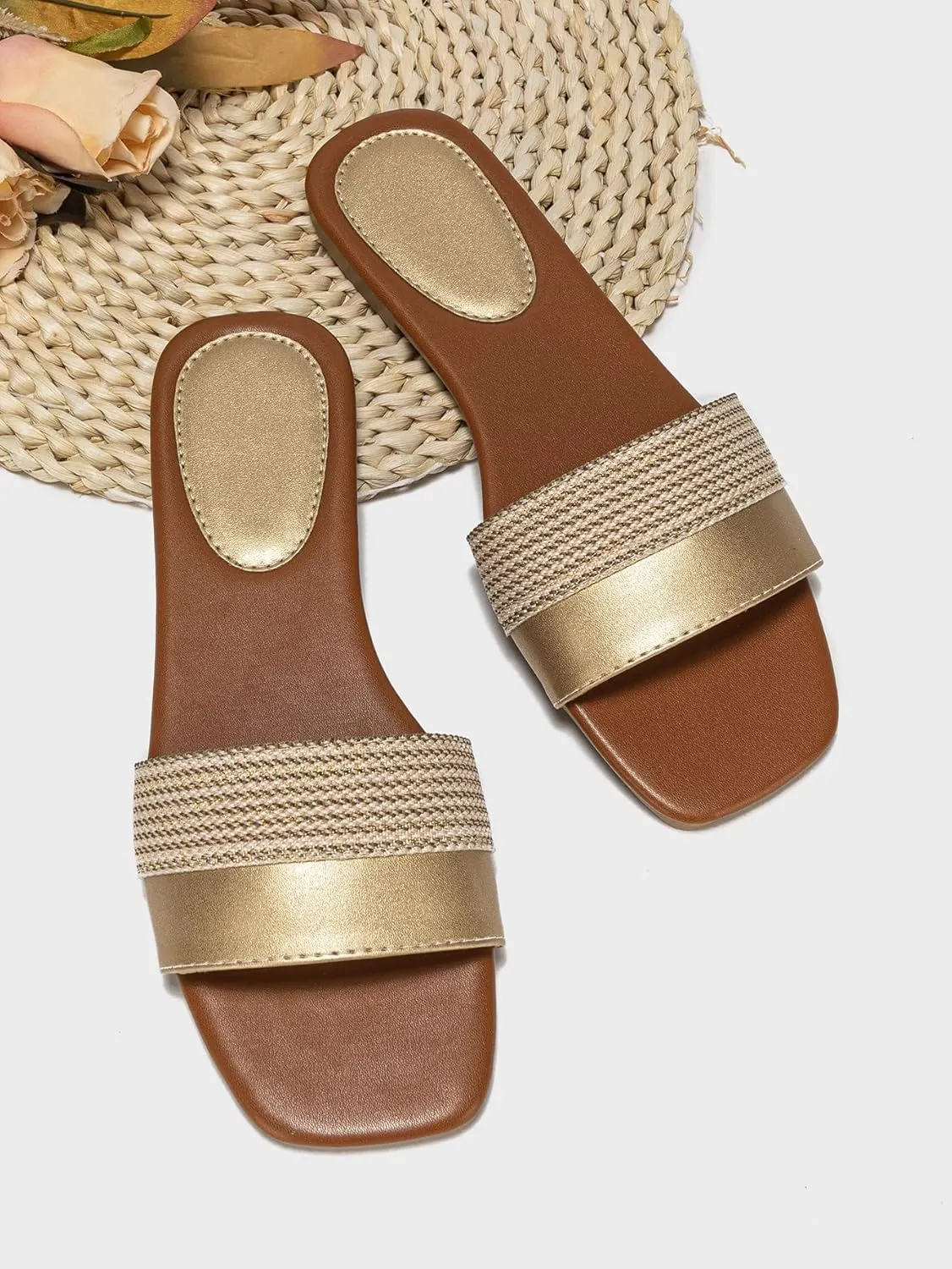 GORGLITTER Women's Gold Flat Dressy Sandals Comfortable Open Toe Slide 2025 Wedding Vacation Sandals