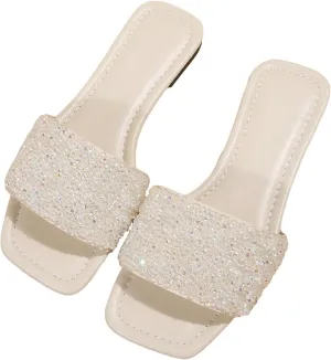GORGLITTER Women's Rhinestone Sandals Glitter Strappy Sequin Shoes Square Toe Slide Flat Sandals
