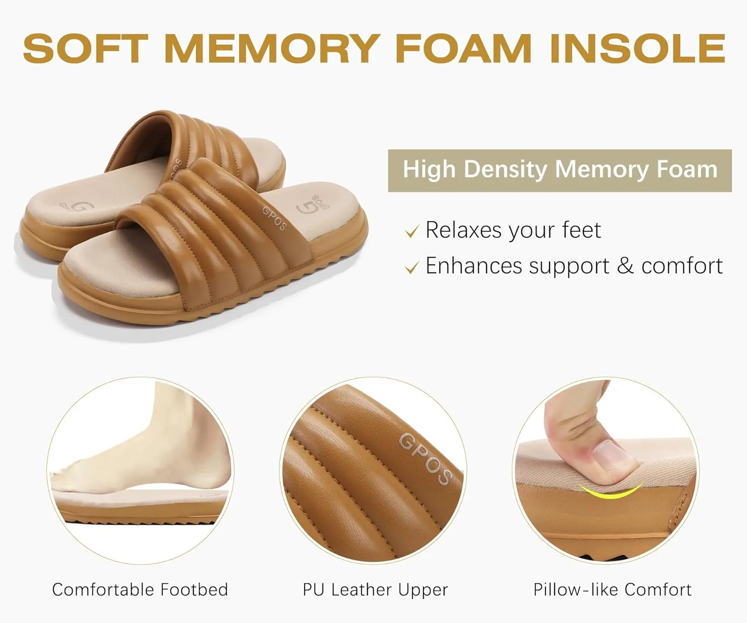 GPOS Womens Slides with Memory Foam Soft Cushioned Cozy House Slippers for Woman Comfy Open Toe Ladies Sandals Leather Slip on Bedroom Shoes Plantar Fasciitis Indoor Outdoor