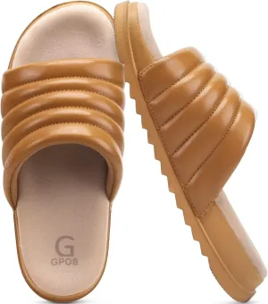 GPOS Womens Slides with Memory Foam Soft Cushioned Cozy House Slippers for Woman Comfy Open Toe Ladies Sandals Leather Slip on Bedroom Shoes Plantar Fasciitis Indoor Outdoor