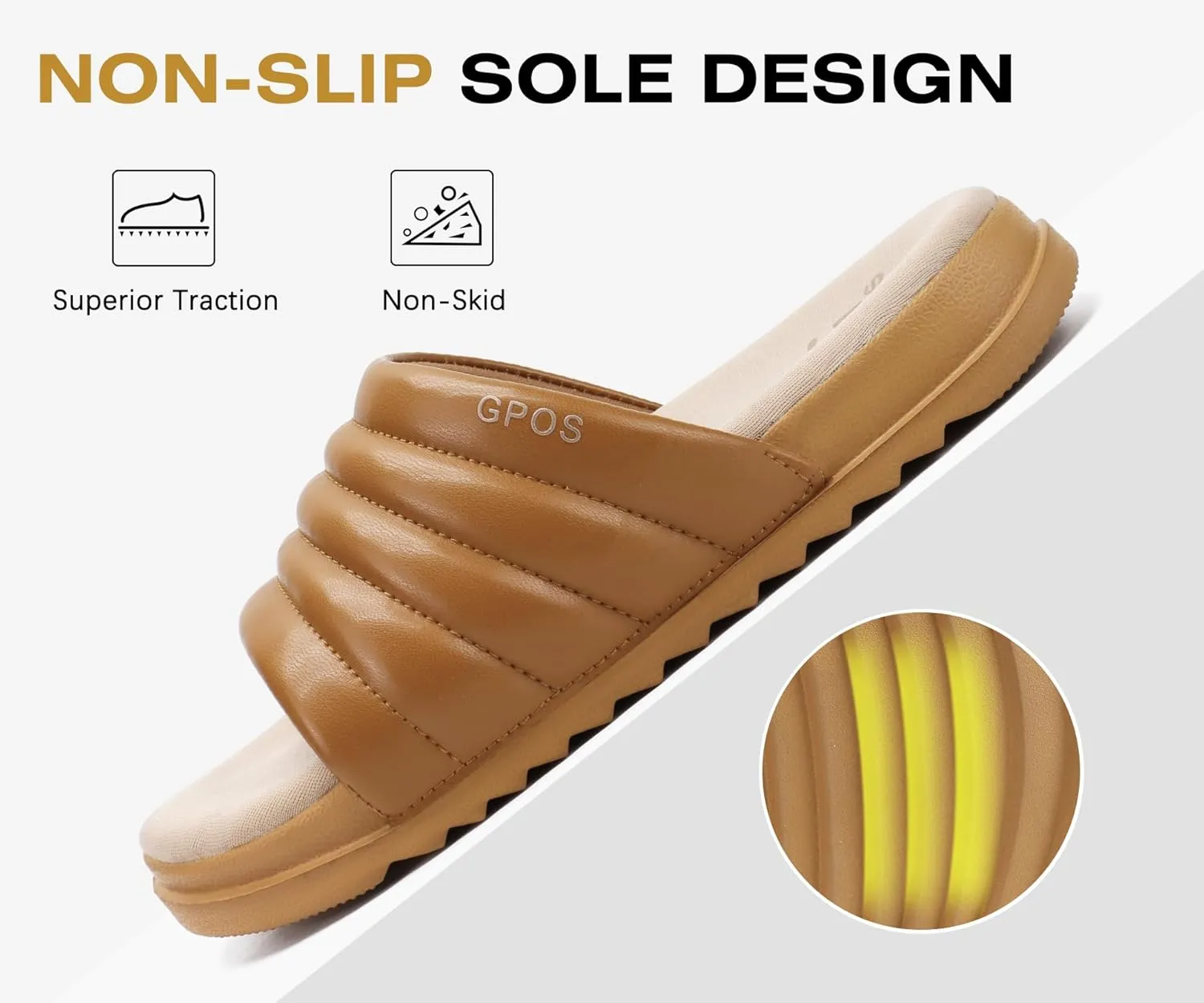 GPOS Womens Slides with Memory Foam Soft Cushioned Cozy House Slippers for Woman Comfy Open Toe Ladies Sandals Leather Slip on Bedroom Shoes Plantar Fasciitis Indoor Outdoor