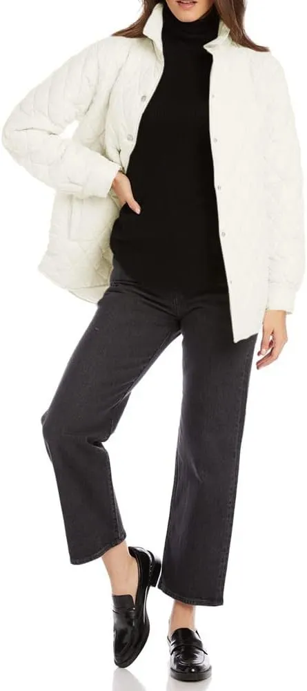 Grlasen Women's Lightweight Quilted Jacket Stand Collar Single-breasted Long Sleeve Warm Oversized Coat with Pockets