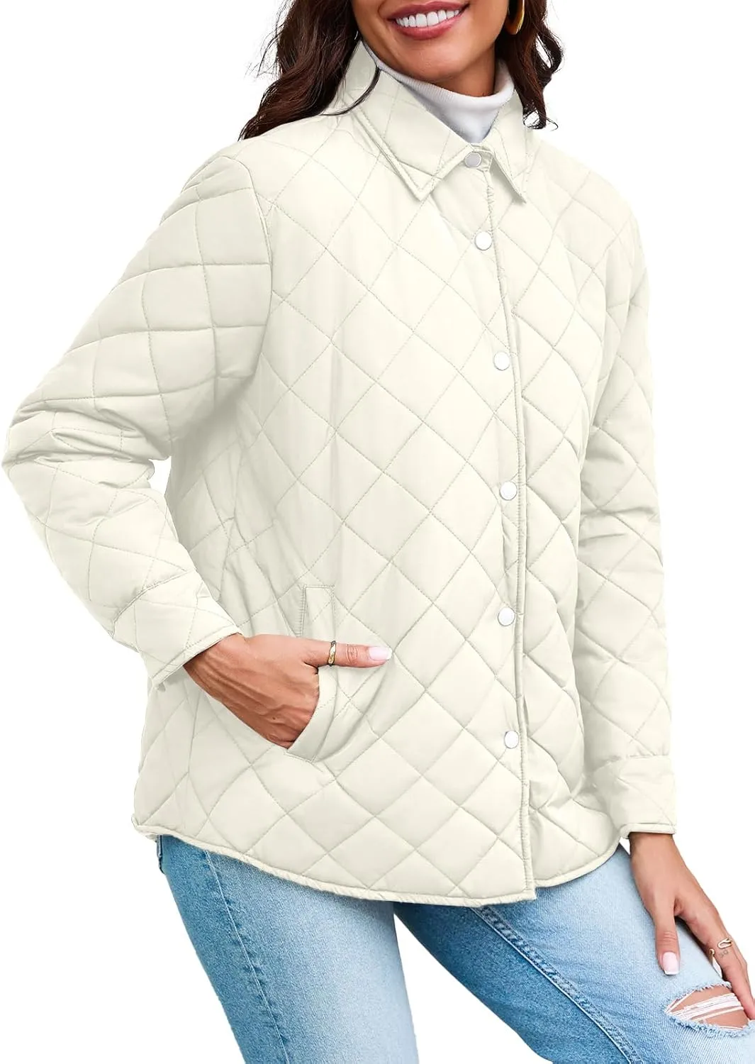 Grlasen Women's Lightweight Quilted Jacket Stand Collar Single-breasted Long Sleeve Warm Oversized Coat with Pockets