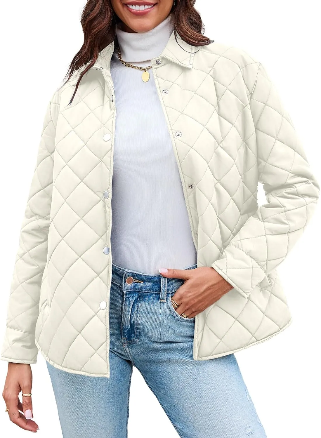 Grlasen Women's Lightweight Quilted Jacket Stand Collar Single-breasted Long Sleeve Warm Oversized Coat with Pockets