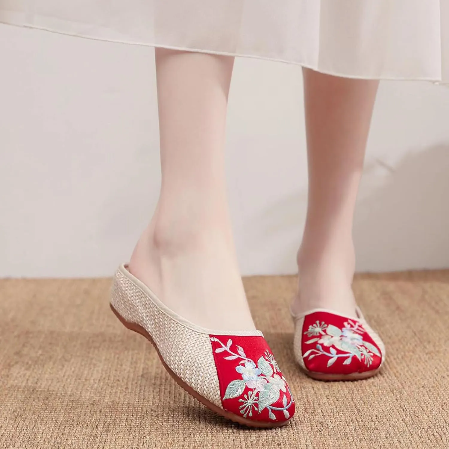 Handmade Women's Traditional Chinese Linen Shoes, Fashion Slip on Flat Heel Casual Footwear, Soft Breathable Retro Slipper,8,A