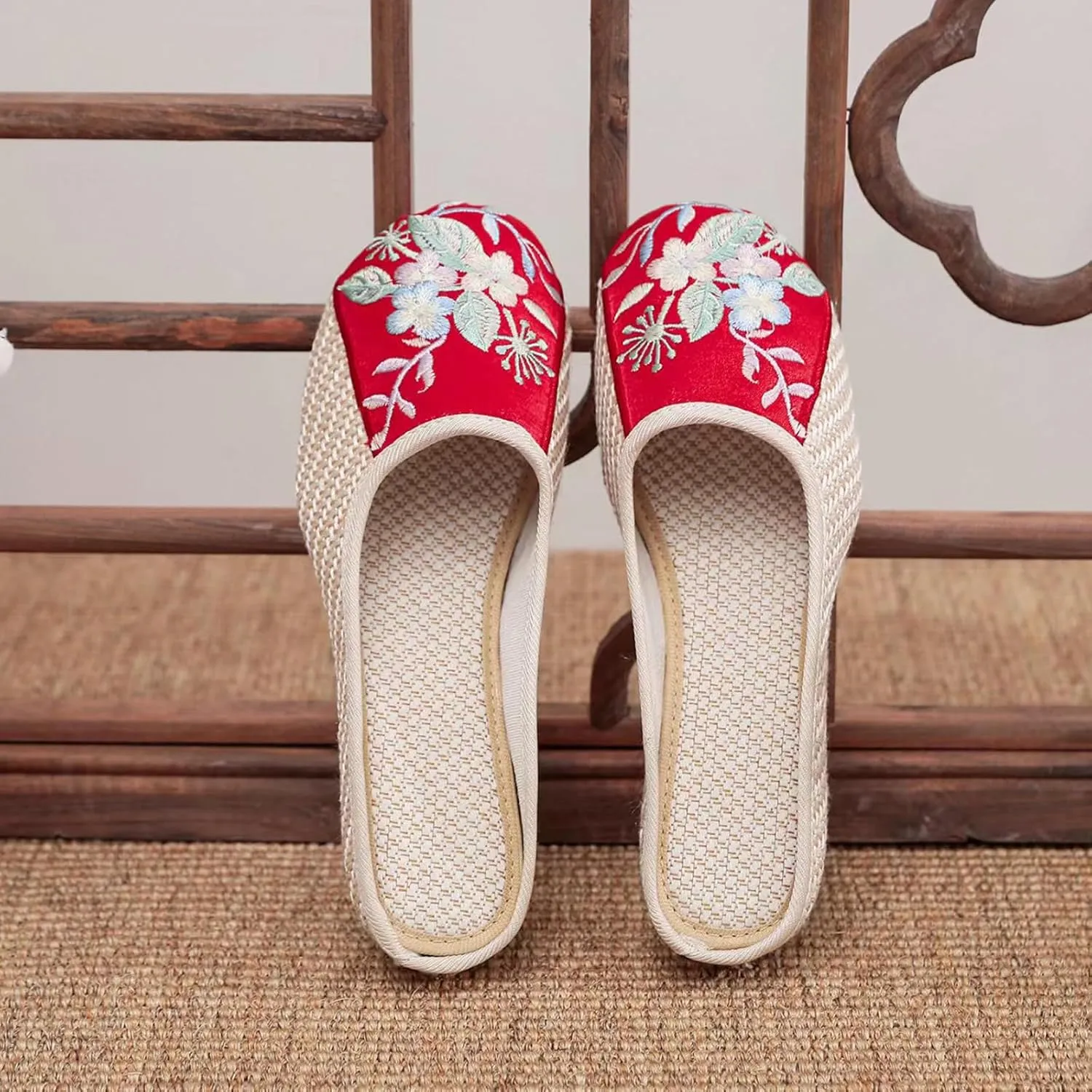 Handmade Women's Traditional Chinese Linen Shoes, Fashion Slip on Flat Heel Casual Footwear, Soft Breathable Retro Slipper,8,A