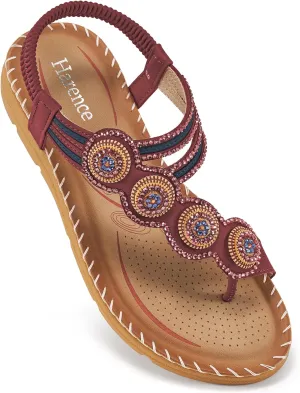 HARENCE Flat Sandals for Women Dressy: Comfortable Summer Flats Shoes Elastic Ankle Strap Bohemian Beaded Beach Sandal