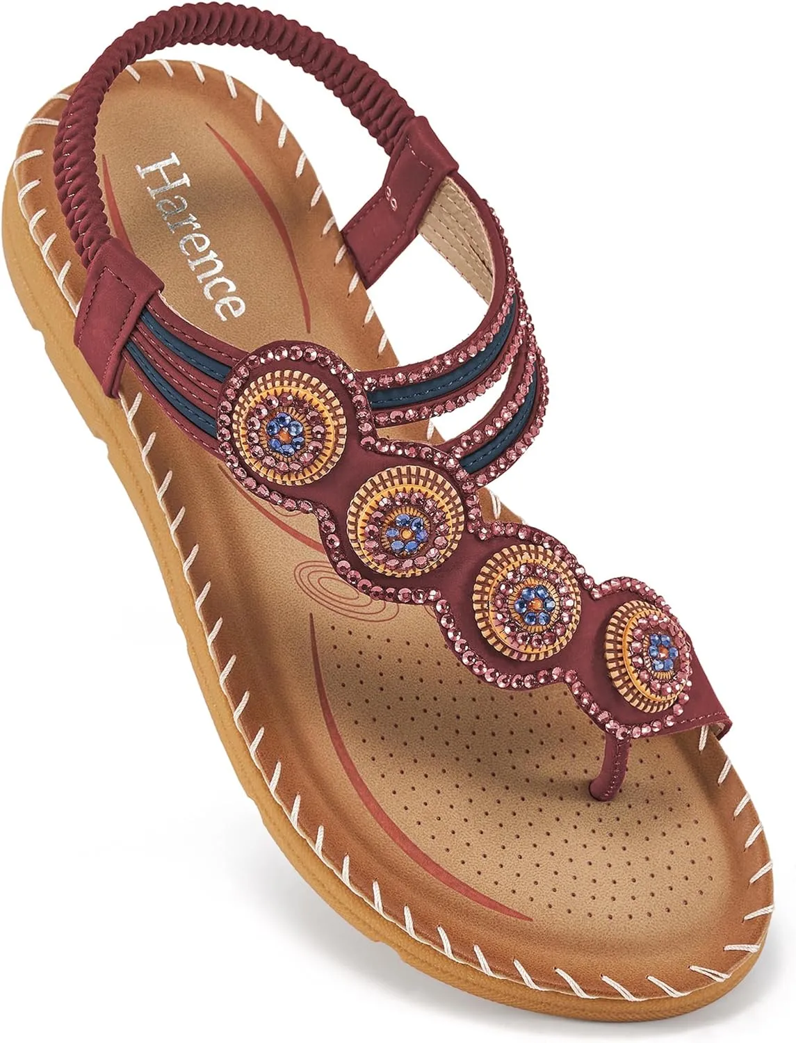 HARENCE Flat Sandals for Women Dressy: Comfortable Summer Flats Shoes Elastic Ankle Strap Bohemian Beaded Beach Sandal