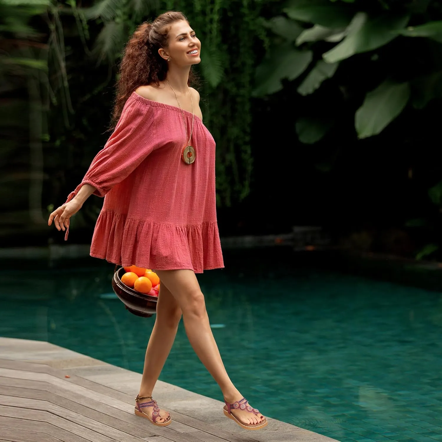 HARENCE Flat Sandals for Women Dressy: Comfortable Summer Flats Shoes Elastic Ankle Strap Bohemian Beaded Beach Sandal
