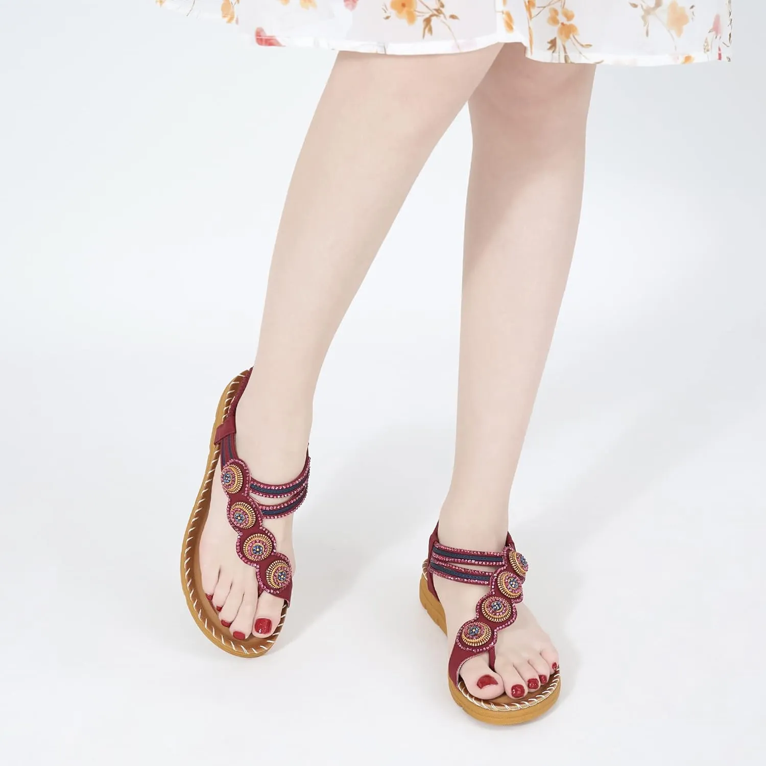 HARENCE Flat Sandals for Women Dressy: Comfortable Summer Flats Shoes Elastic Ankle Strap Bohemian Beaded Beach Sandal