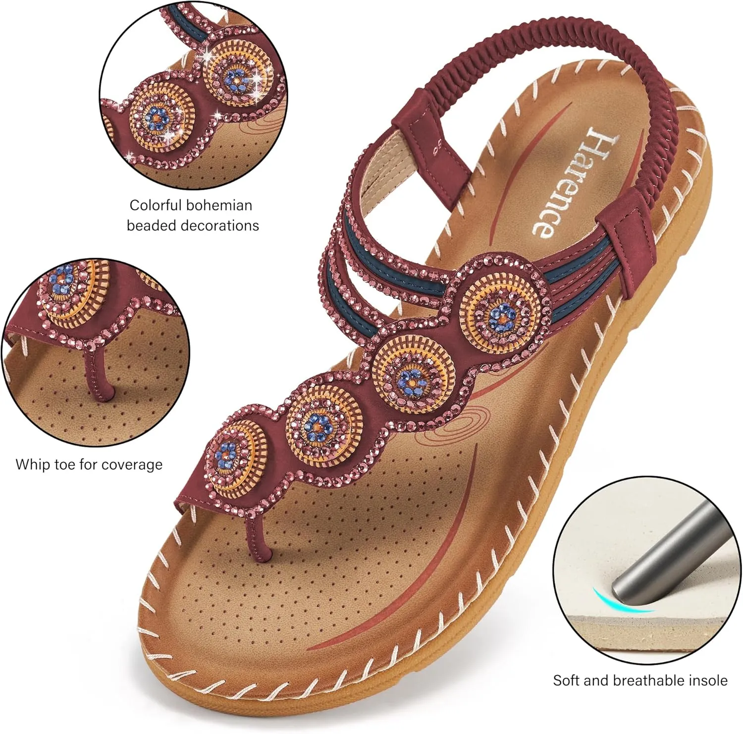 HARENCE Flat Sandals for Women Dressy: Comfortable Summer Flats Shoes Elastic Ankle Strap Bohemian Beaded Beach Sandal