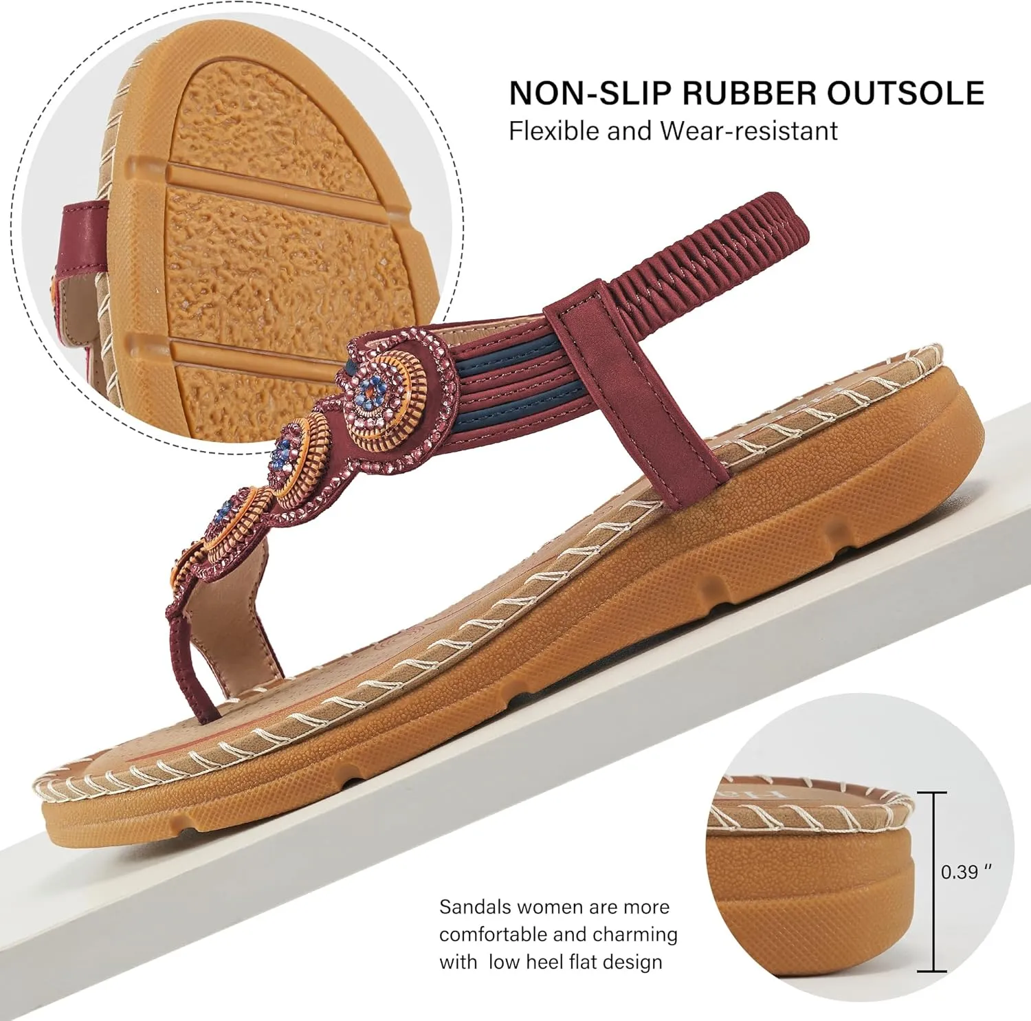 HARENCE Flat Sandals for Women Dressy: Comfortable Summer Flats Shoes Elastic Ankle Strap Bohemian Beaded Beach Sandal