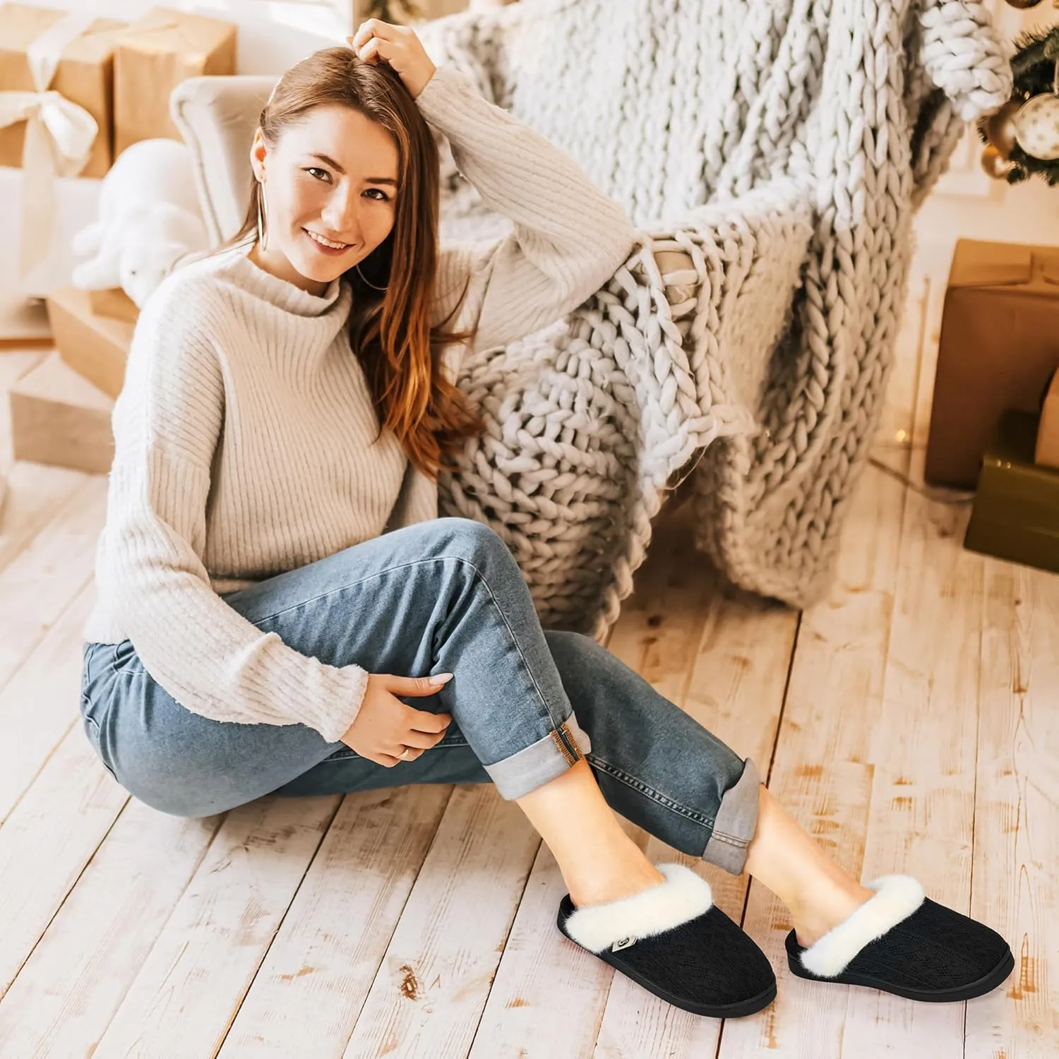 HARENCE Slippers for Women House Shoes: Warm Knit Comfy Fleece Lined Memory Foam Indoor Outdoor Soles