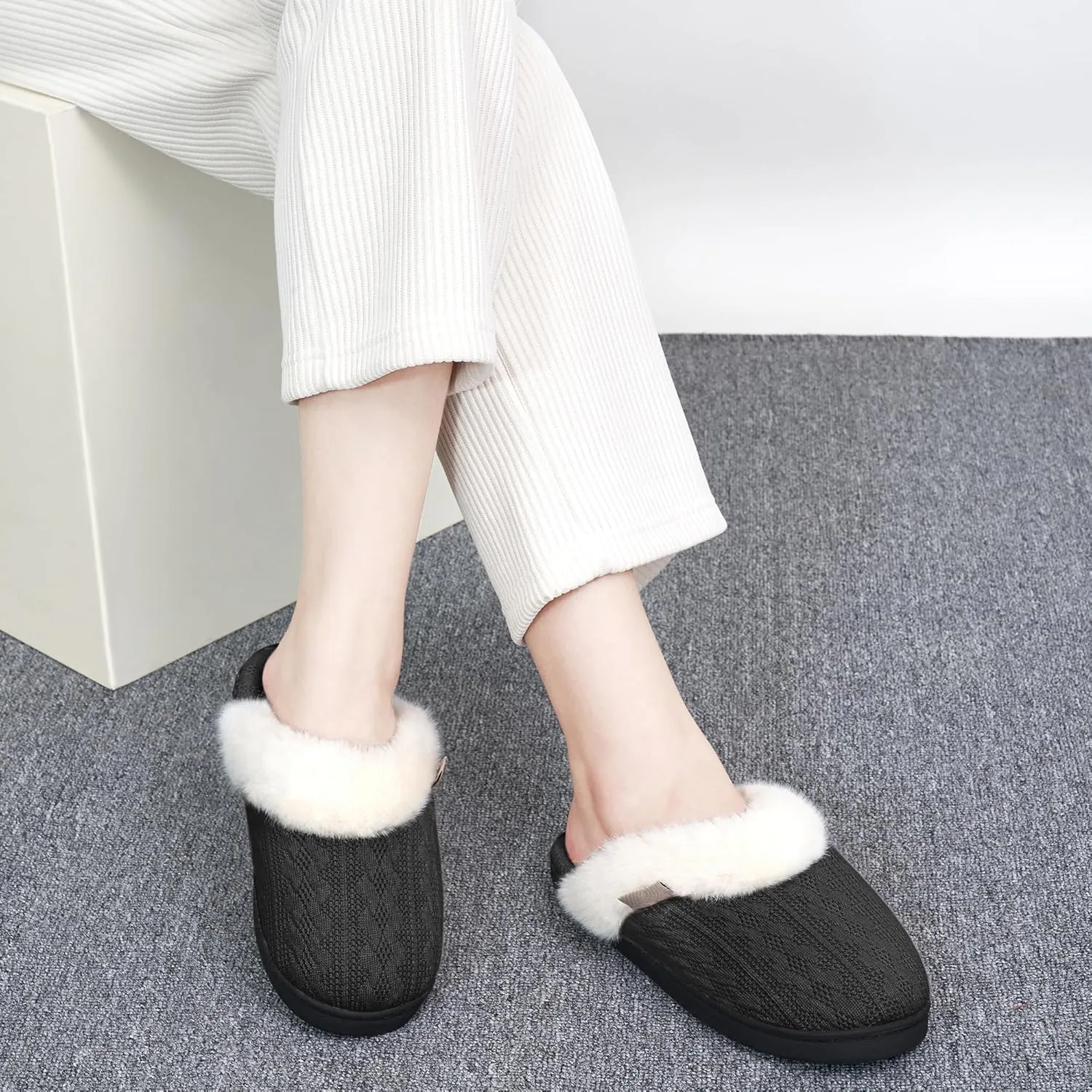 HARENCE Slippers for Women House Shoes: Warm Knit Comfy Fleece Lined Memory Foam Indoor Outdoor Soles