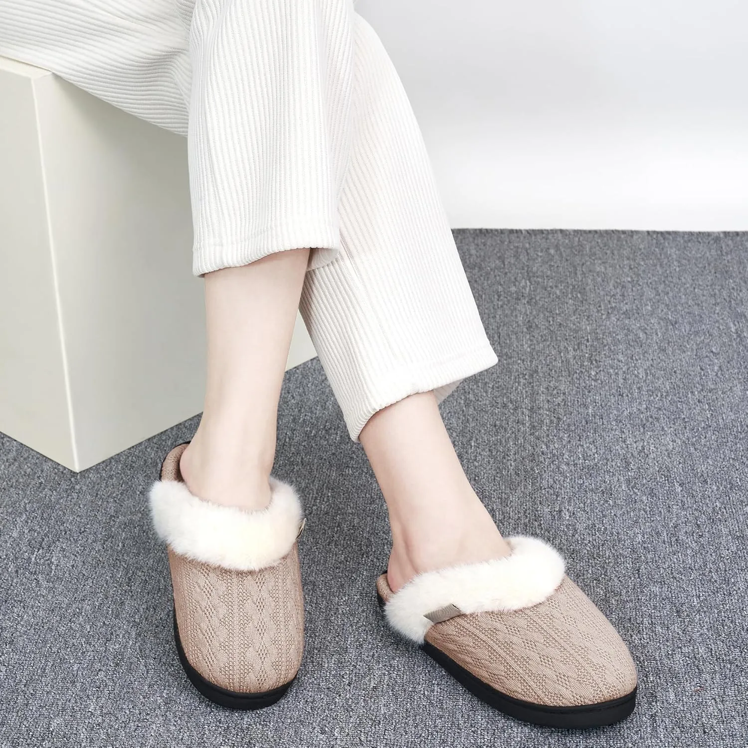 HARENCE Slippers for Women House Shoes: Warm Knit Comfy Fleece Lined Memory Foam Indoor Outdoor Soles