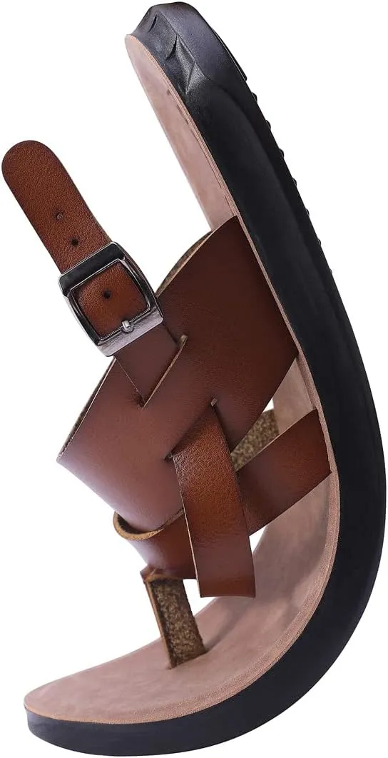 Harssidanzar Mens Leather Sandals,Summer Comfy Outdoor Adjustable Ankle Strap Flat Slip On Sandals For Men's KM218
