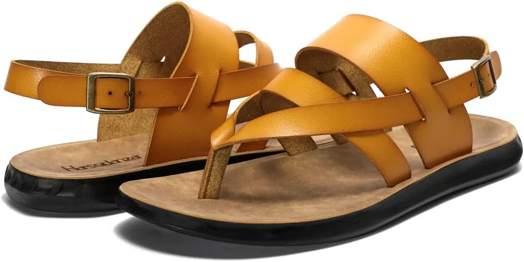 Harssidanzar Mens Leather Sandals,Summer Comfy Outdoor Adjustable Ankle Strap Flat Slip On Sandals For Men's KM218