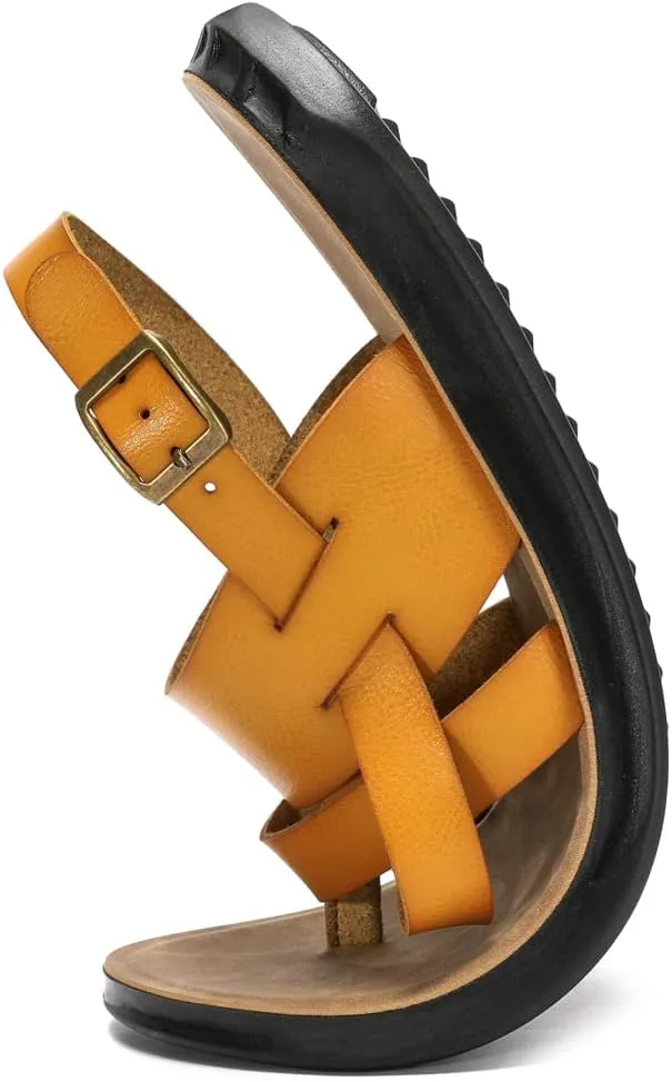 Harssidanzar Mens Leather Sandals,Summer Comfy Outdoor Adjustable Ankle Strap Flat Slip On Sandals For Men's KM218